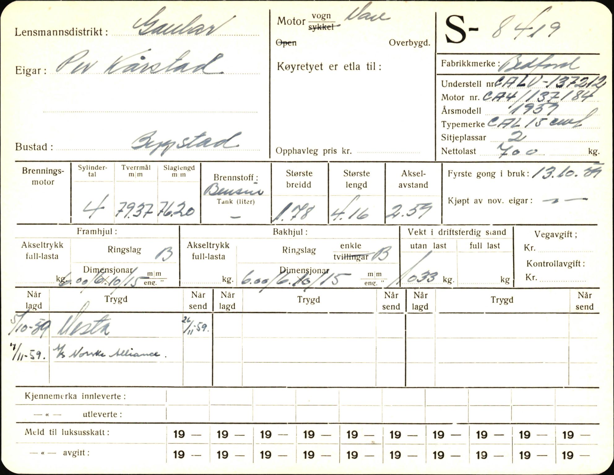 Statens vegvesen, Sogn og Fjordane vegkontor, AV/SAB-A-5301/4/F/L0006: Registerkort utmeldte Fjordane S8300-9500, 1930-1961, s. 193