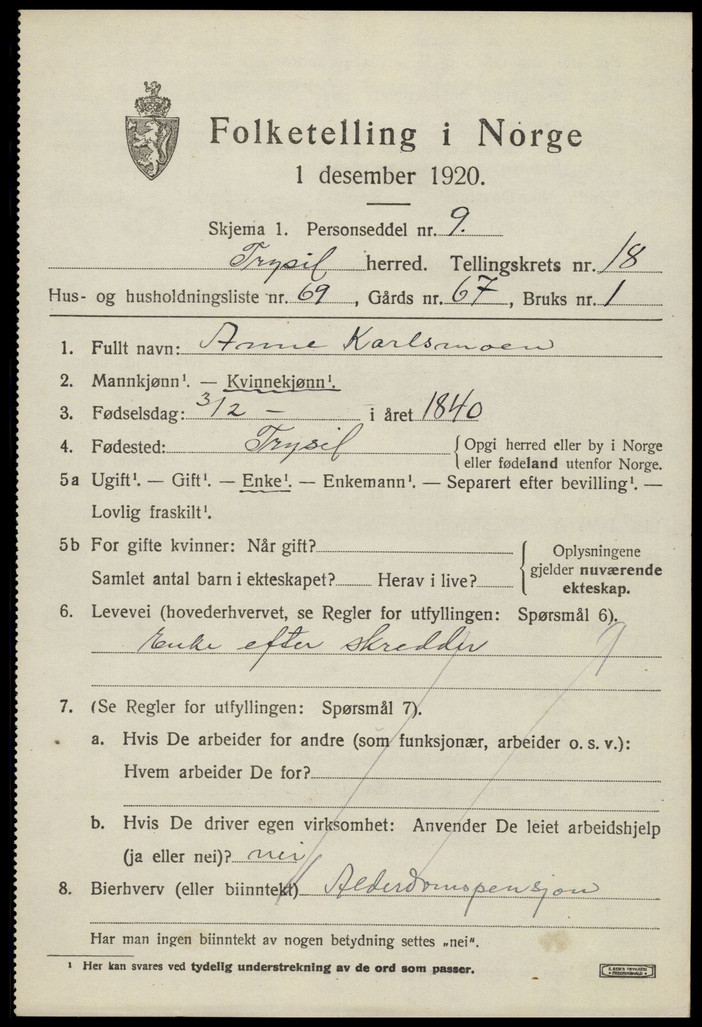 SAH, Folketelling 1920 for 0428 Trysil herred, 1920, s. 12605