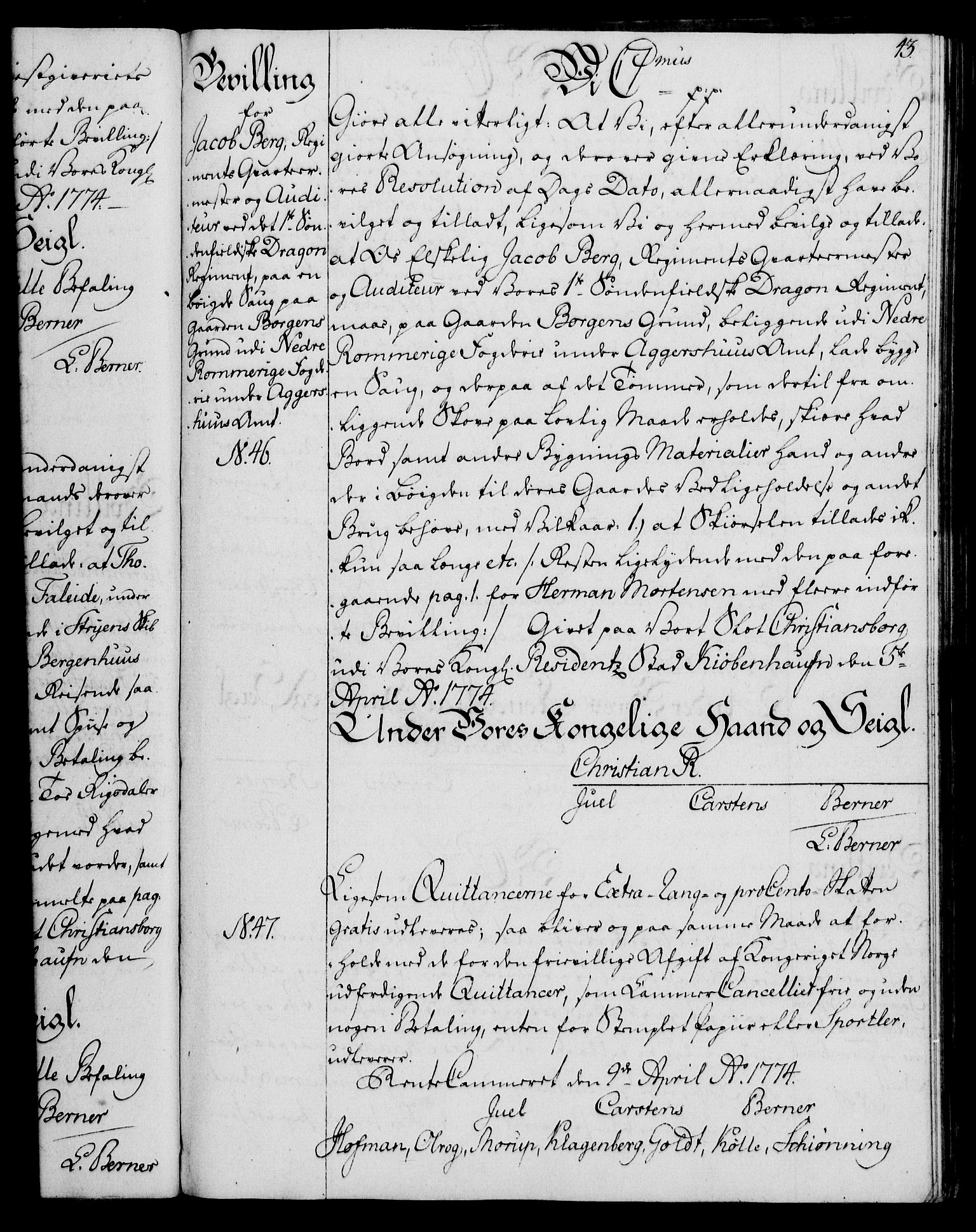 Rentekammeret, Kammerkanselliet, AV/RA-EA-3111/G/Gg/Gga/L0010: Norsk ekspedisjonsprotokoll med register (merket RK 53.10), 1773-1778, s. 43