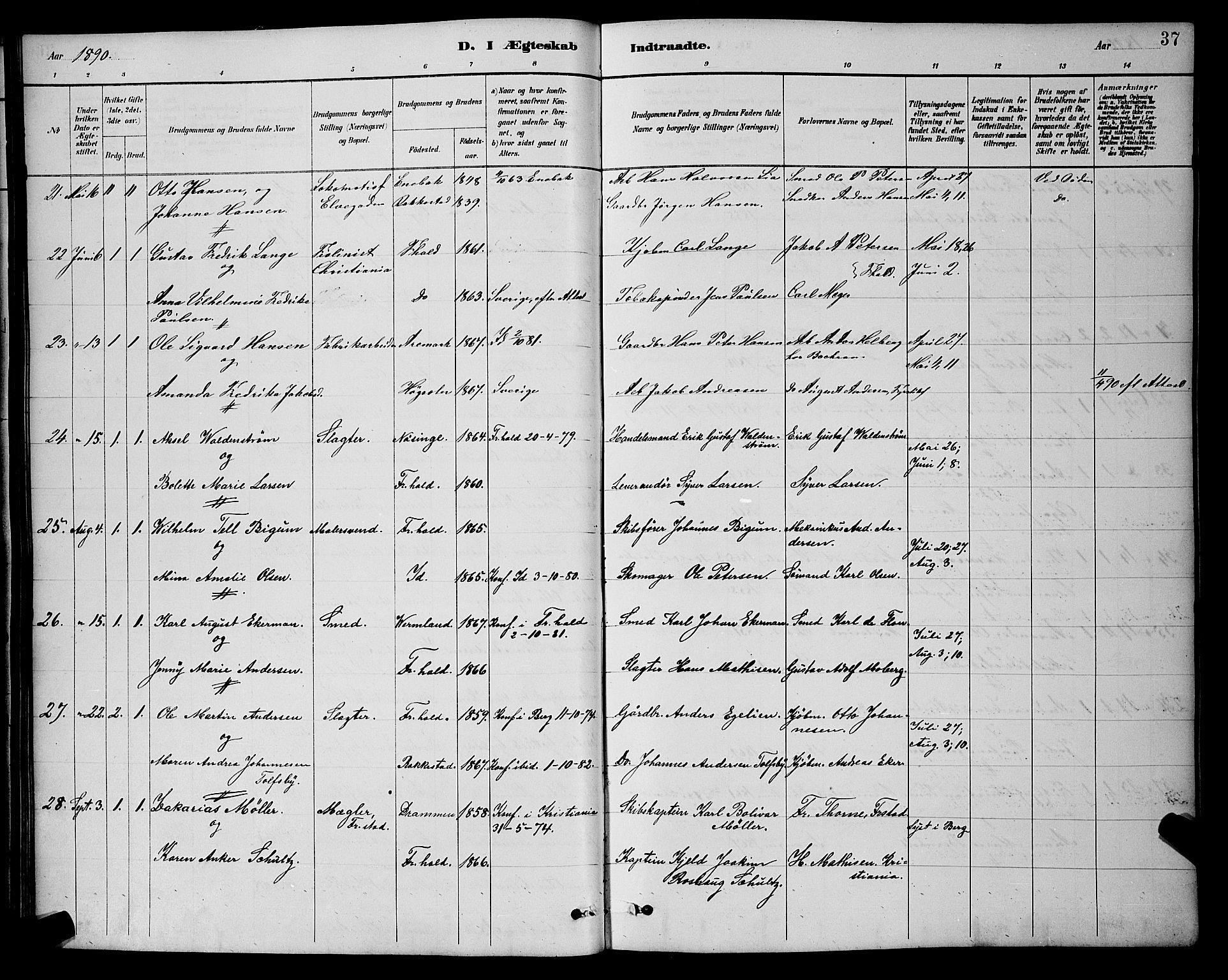 Halden prestekontor Kirkebøker, AV/SAO-A-10909/G/Ga/L0009: Klokkerbok nr. 9, 1885-1908, s. 37