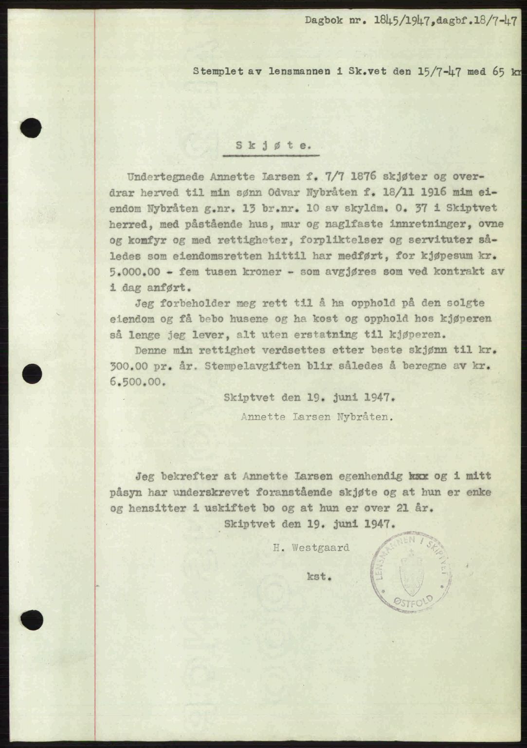 Moss sorenskriveri, SAO/A-10168: Pantebok nr. A2, 1947-1950, Dagboknr: 1845/1947