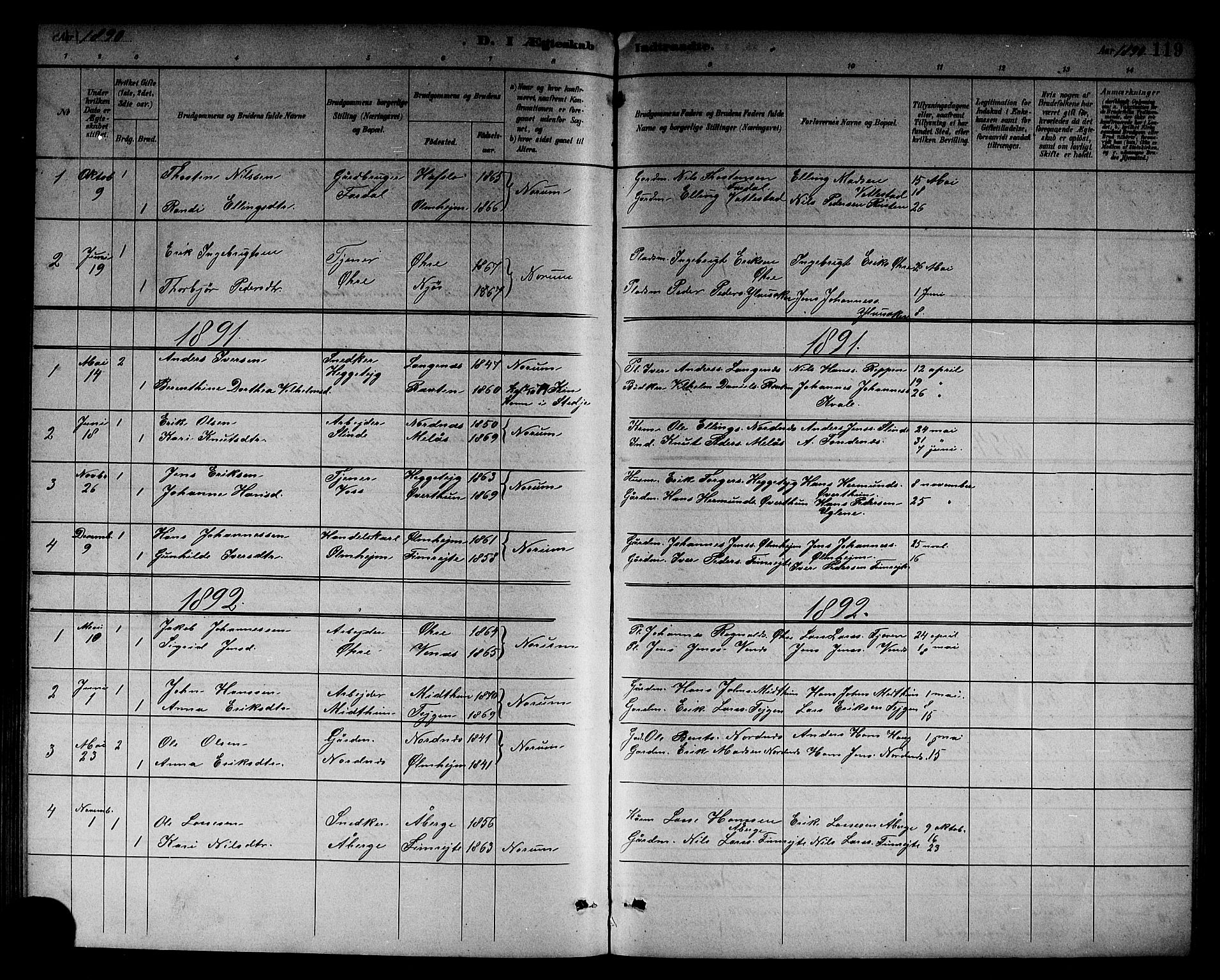 Sogndal sokneprestembete, AV/SAB-A-81301/H/Hab/Habc/L0002: Klokkerbok nr. C 2, 1884-1910, s. 119