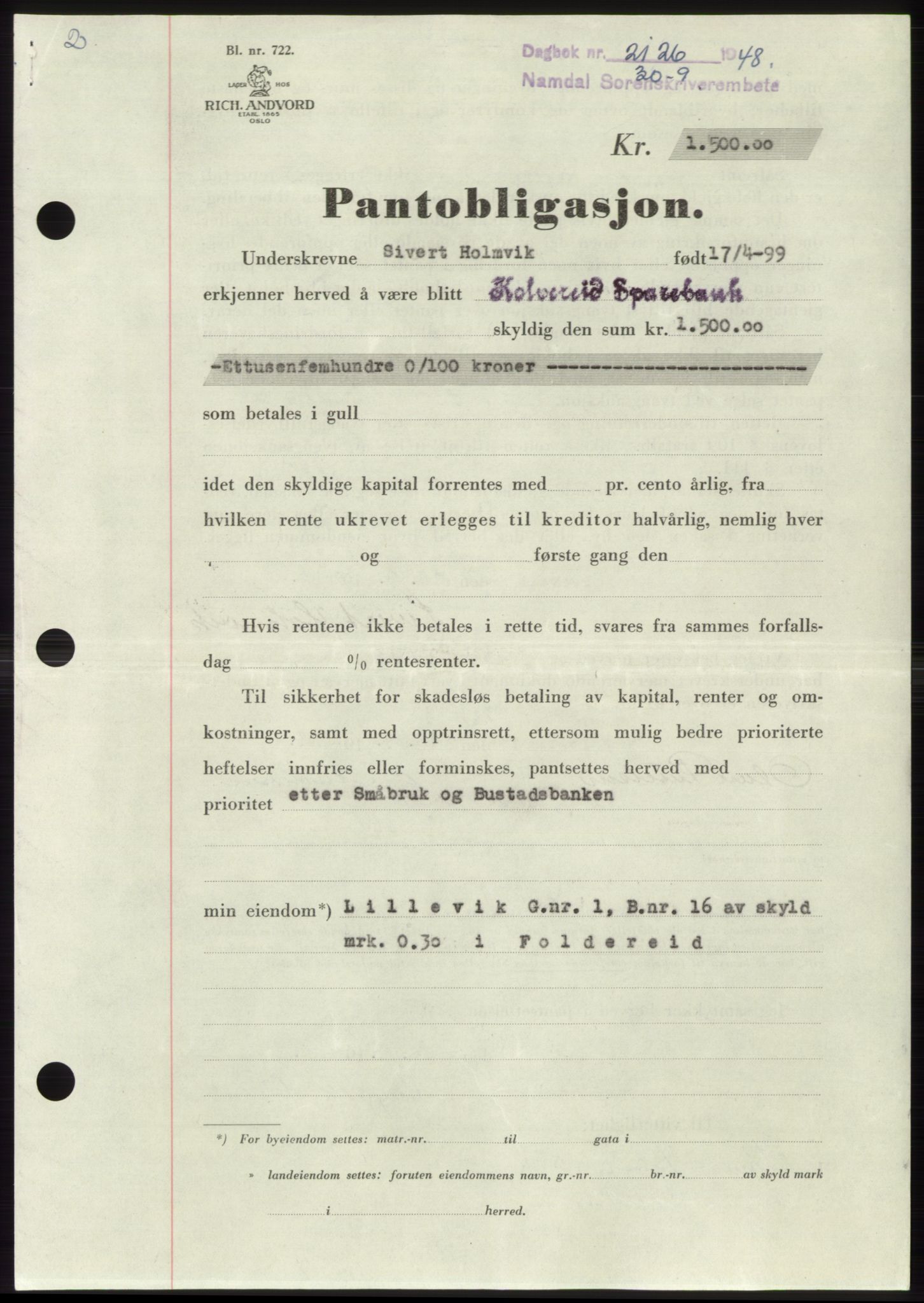 Namdal sorenskriveri, SAT/A-4133/1/2/2C: Pantebok nr. -, 1948-1948, Dagboknr: 2126/1948