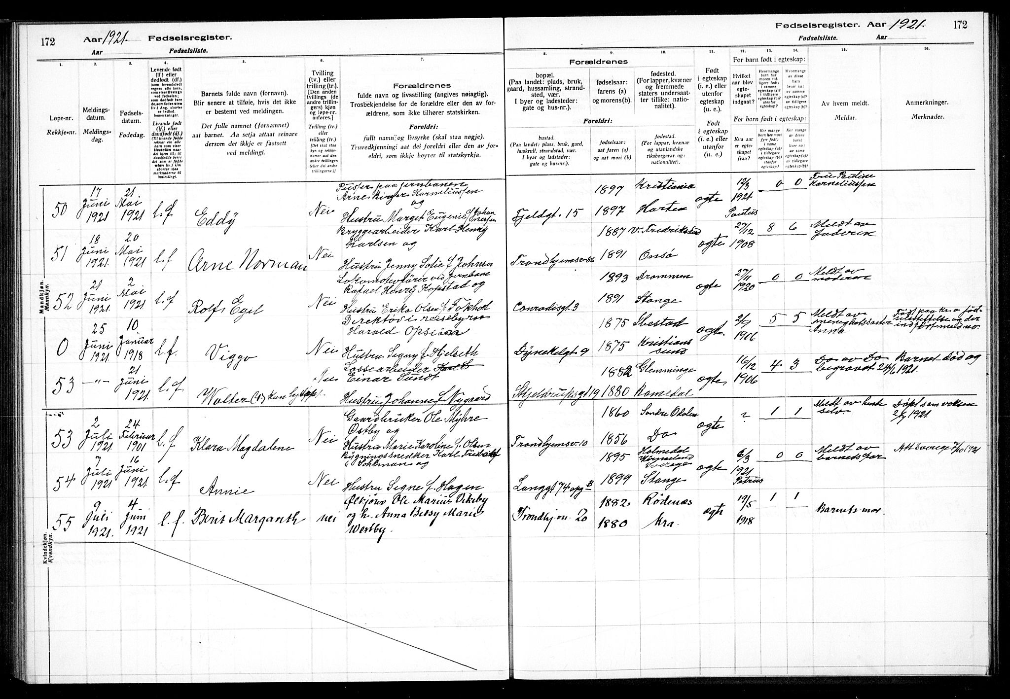 Petrus prestekontor Kirkebøker, AV/SAO-A-10872/J/Ja/L0001: Fødselsregister nr. 1, 1916-1922, s. 172