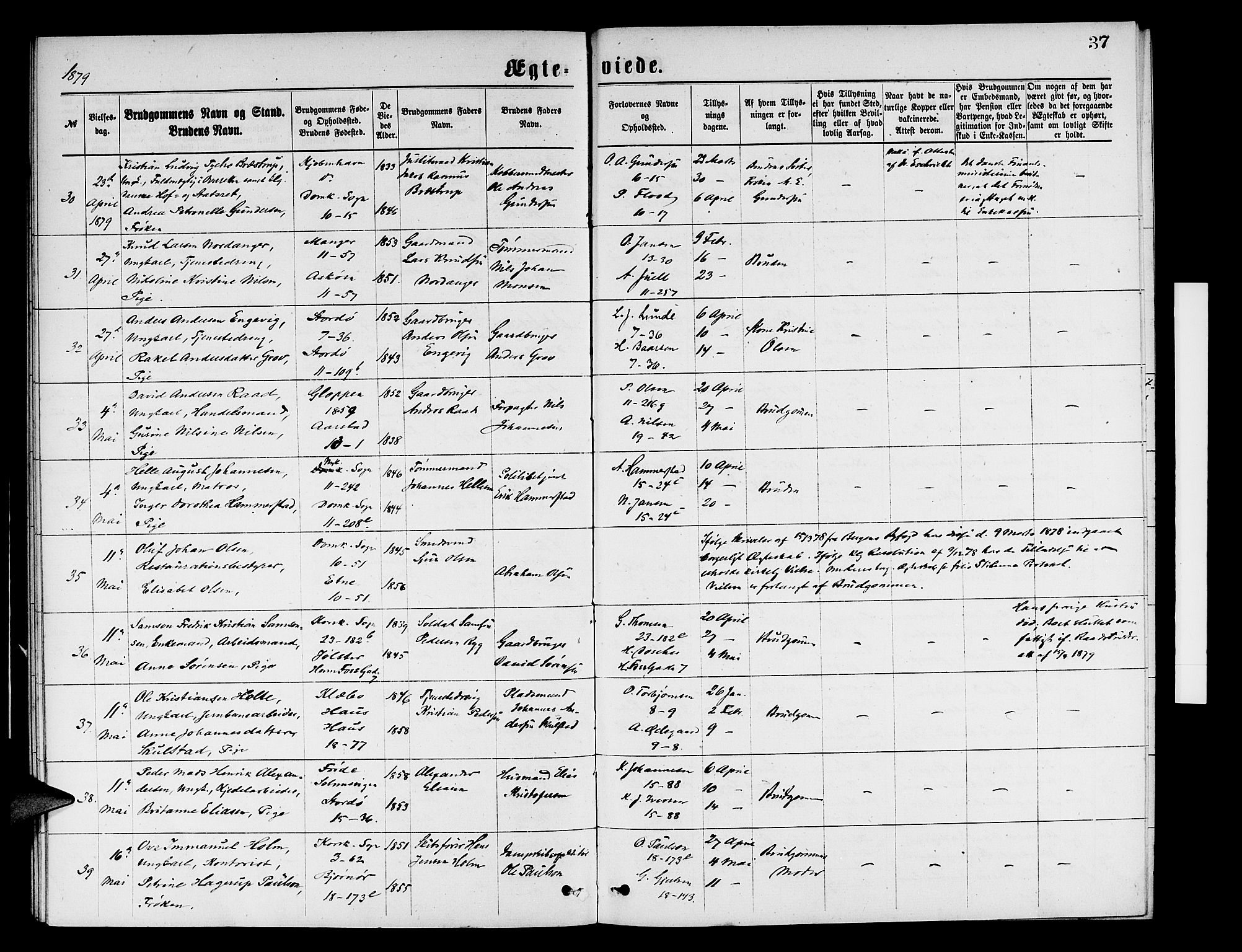 Domkirken sokneprestembete, AV/SAB-A-74801/H/Hab/L0031: Klokkerbok nr. D 3, 1877-1880, s. 37