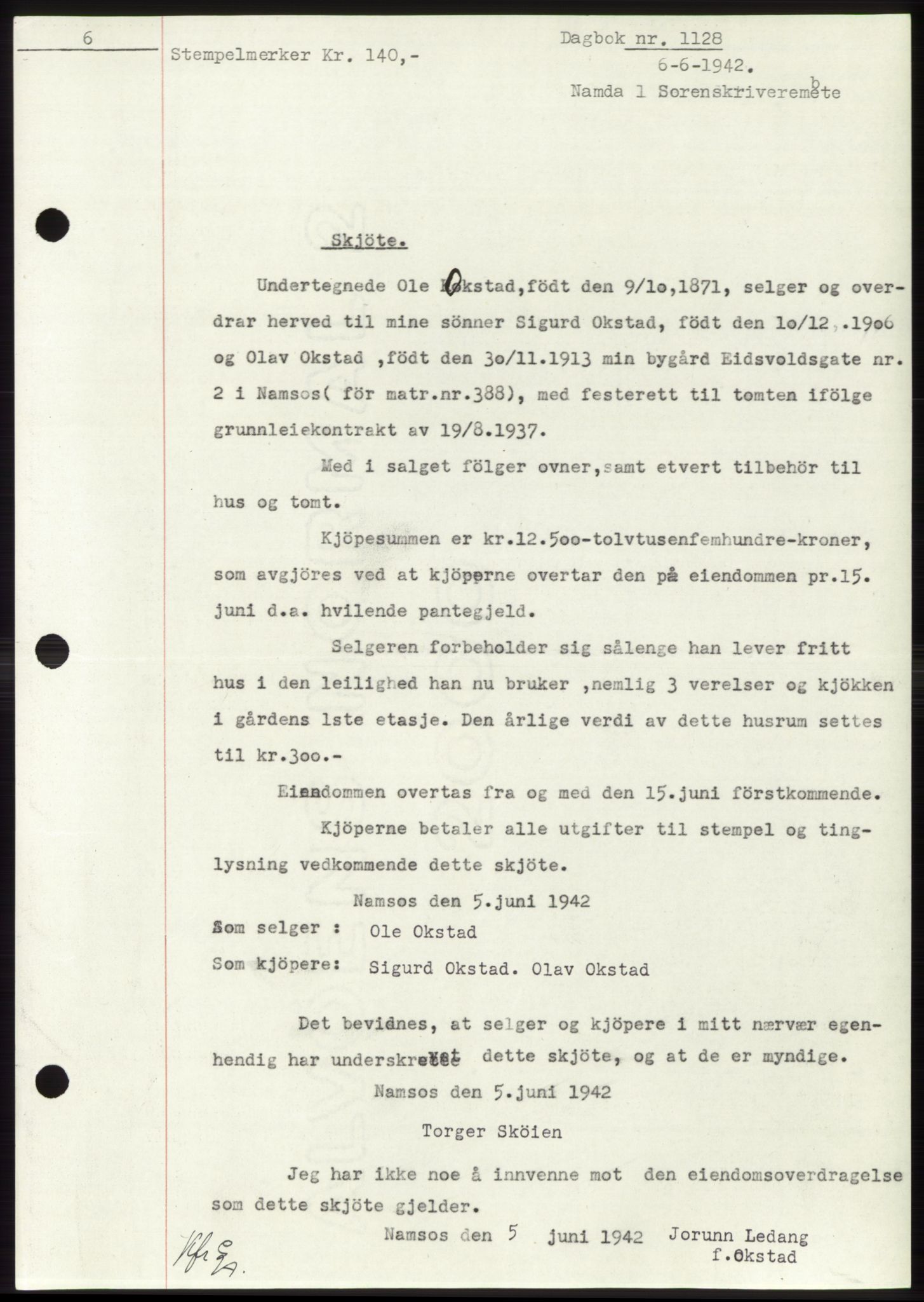 Namdal sorenskriveri, SAT/A-4133/1/2/2C: Pantebok nr. -, 1941-1942, Dagboknr: 1128/1942