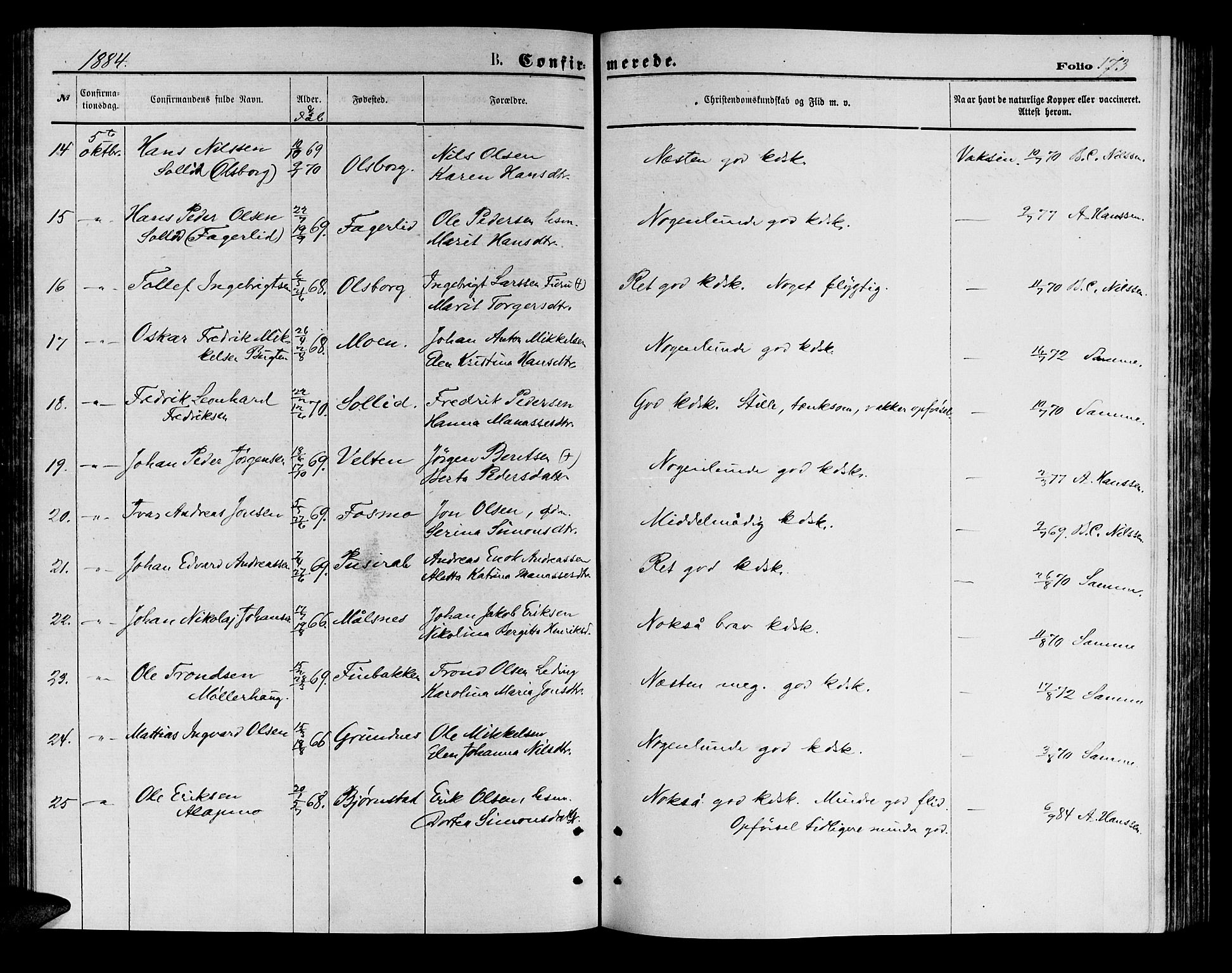 Målselv sokneprestembete, AV/SATØ-S-1311/G/Ga/Gab/L0003klokker: Klokkerbok nr. 3, 1874-1885, s. 173