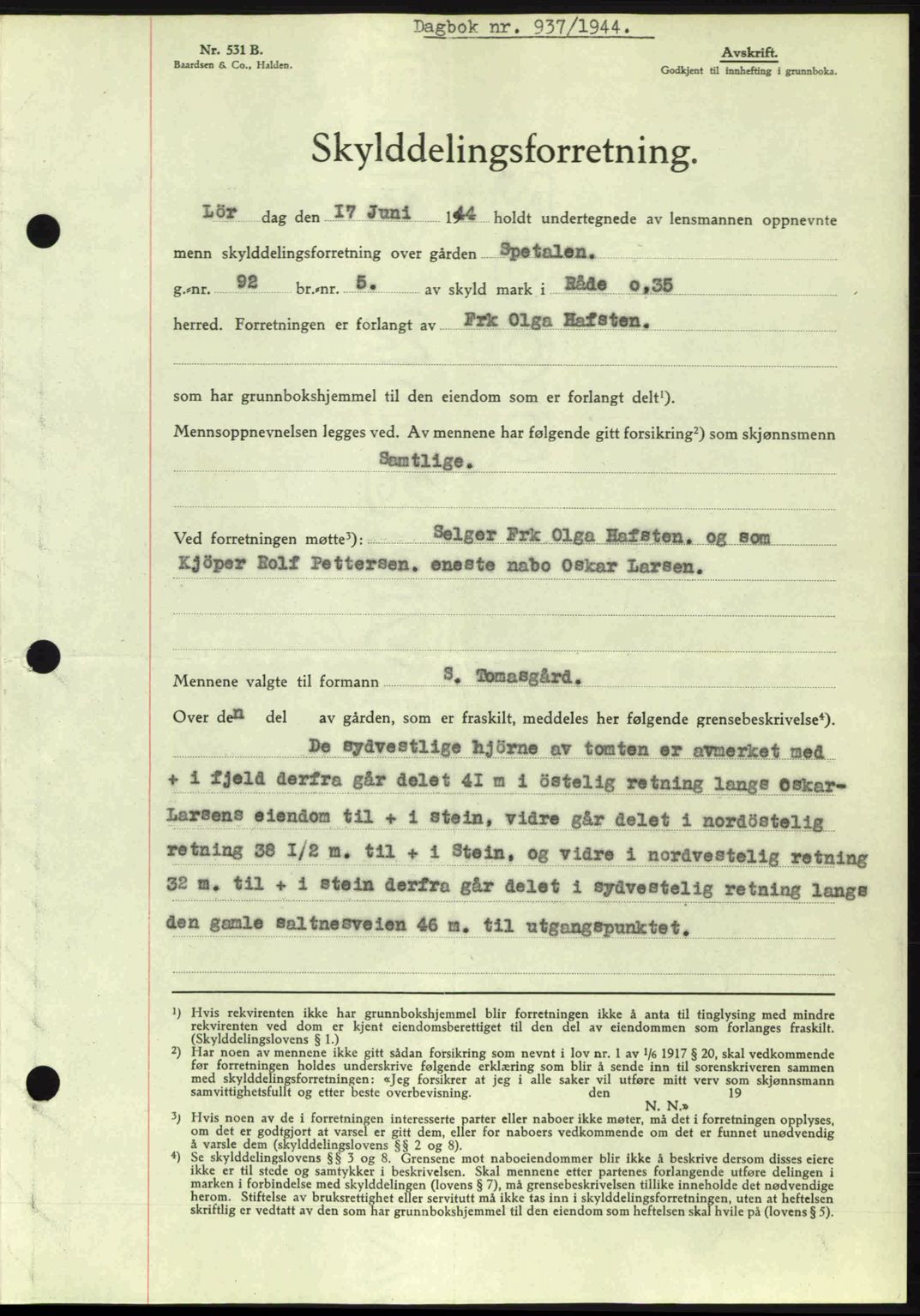 Moss sorenskriveri, SAO/A-10168: Pantebok nr. A12, 1943-1944, Dagboknr: 937/1944