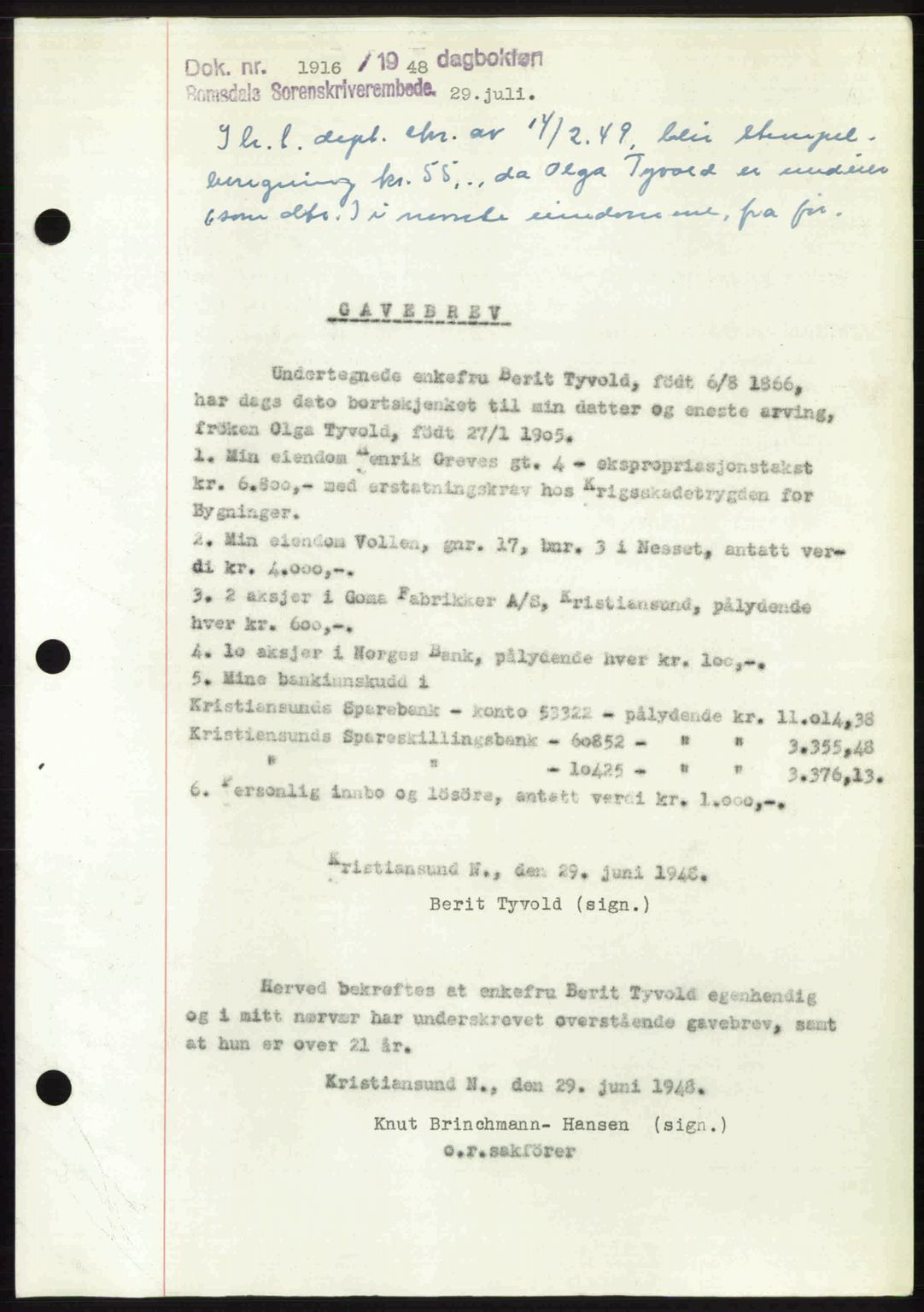 Romsdal sorenskriveri, SAT/A-4149/1/2/2C: Pantebok nr. A26, 1948-1948, Dagboknr: 1916/1948