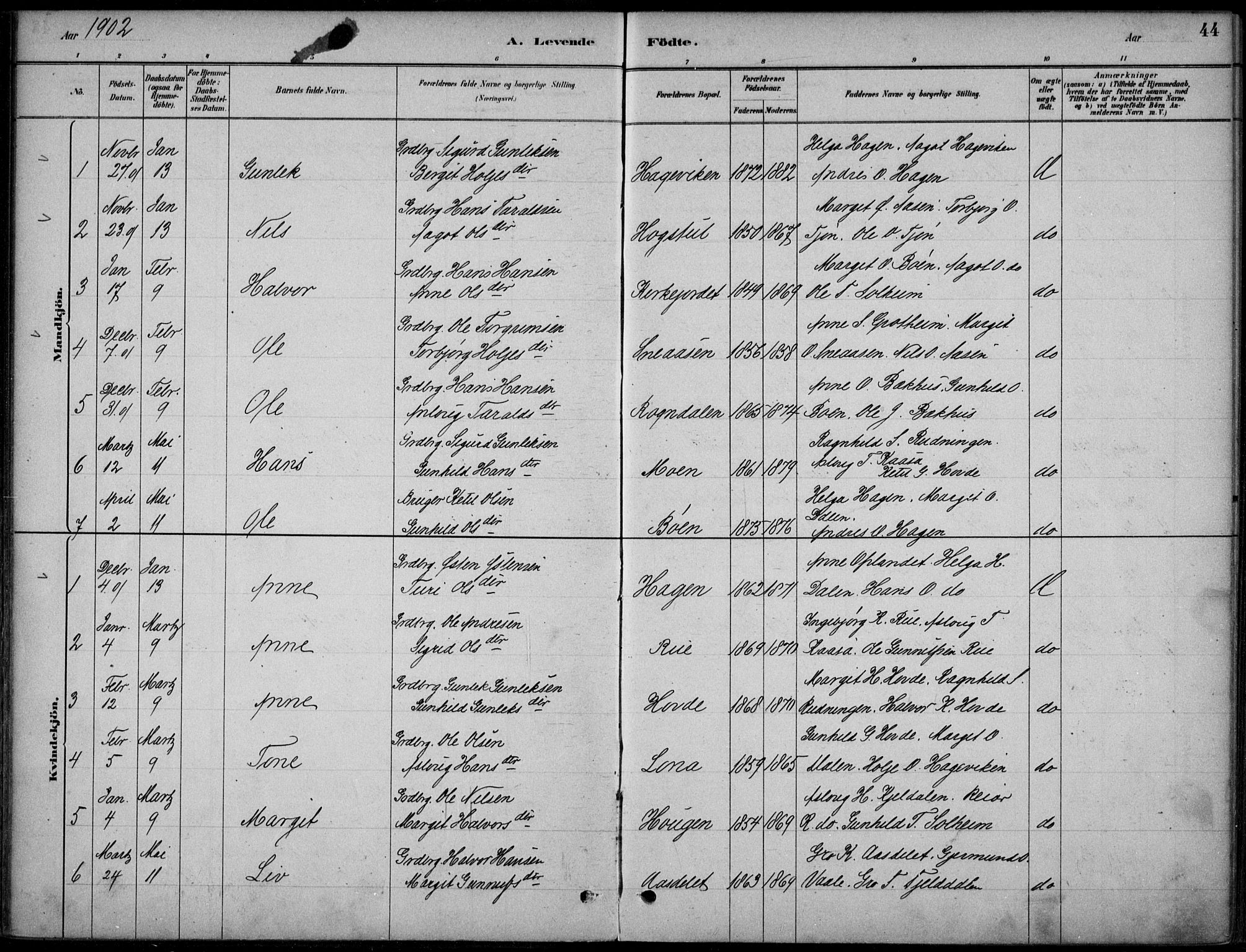 Hjartdal kirkebøker, AV/SAKO-A-270/F/Fc/L0002: Ministerialbok nr. III 2, 1880-1936, s. 44