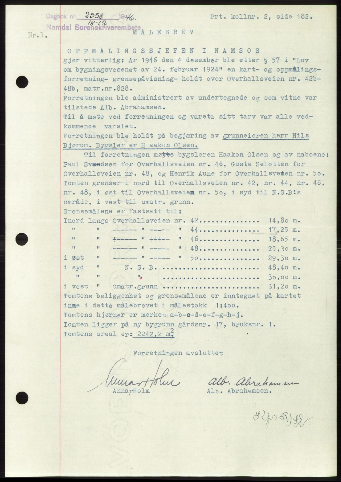 Namdal sorenskriveri, SAT/A-4133/1/2/2C: Pantebok nr. -, 1946-1947, Dagboknr: 2558/1946