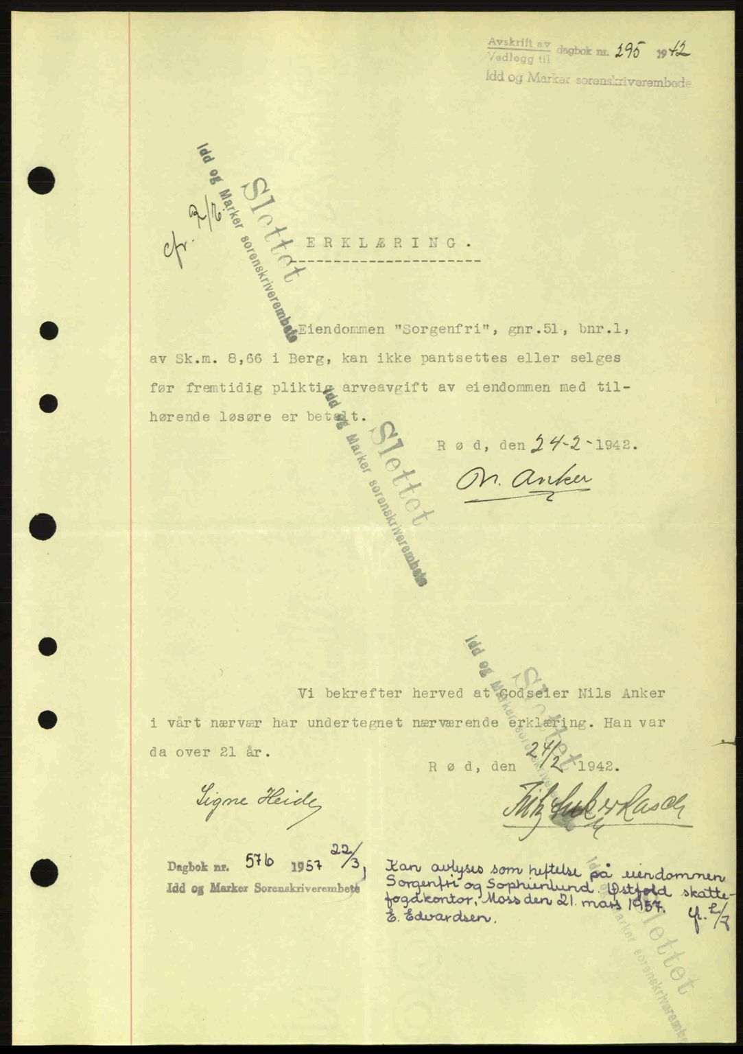 Idd og Marker sorenskriveri, AV/SAO-A-10283/G/Gb/Gbb/L0005: Pantebok nr. A5, 1941-1943, Dagboknr: 295/1942