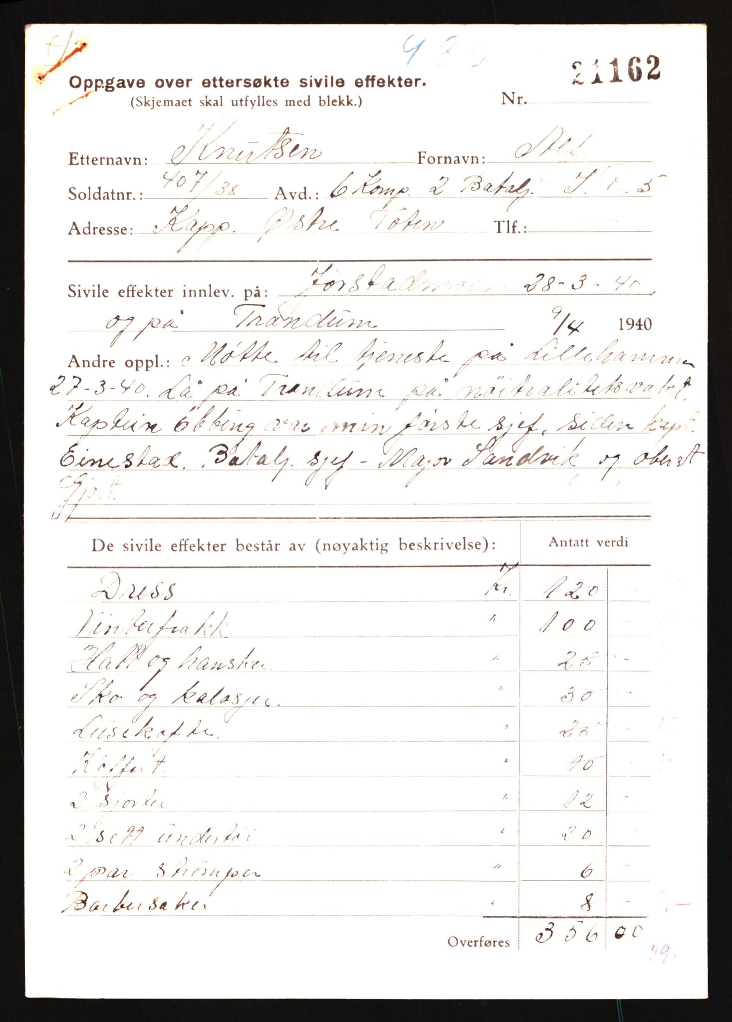 Justisdepartementet, Oppgjørsavdelingen, AV/RA-S-1056/G/Gb/L0045: Oppgaver over ettersøkte sivile effekter. Knutsen, Alf - Kristensen, Ivar, 1940-1942, s. 3