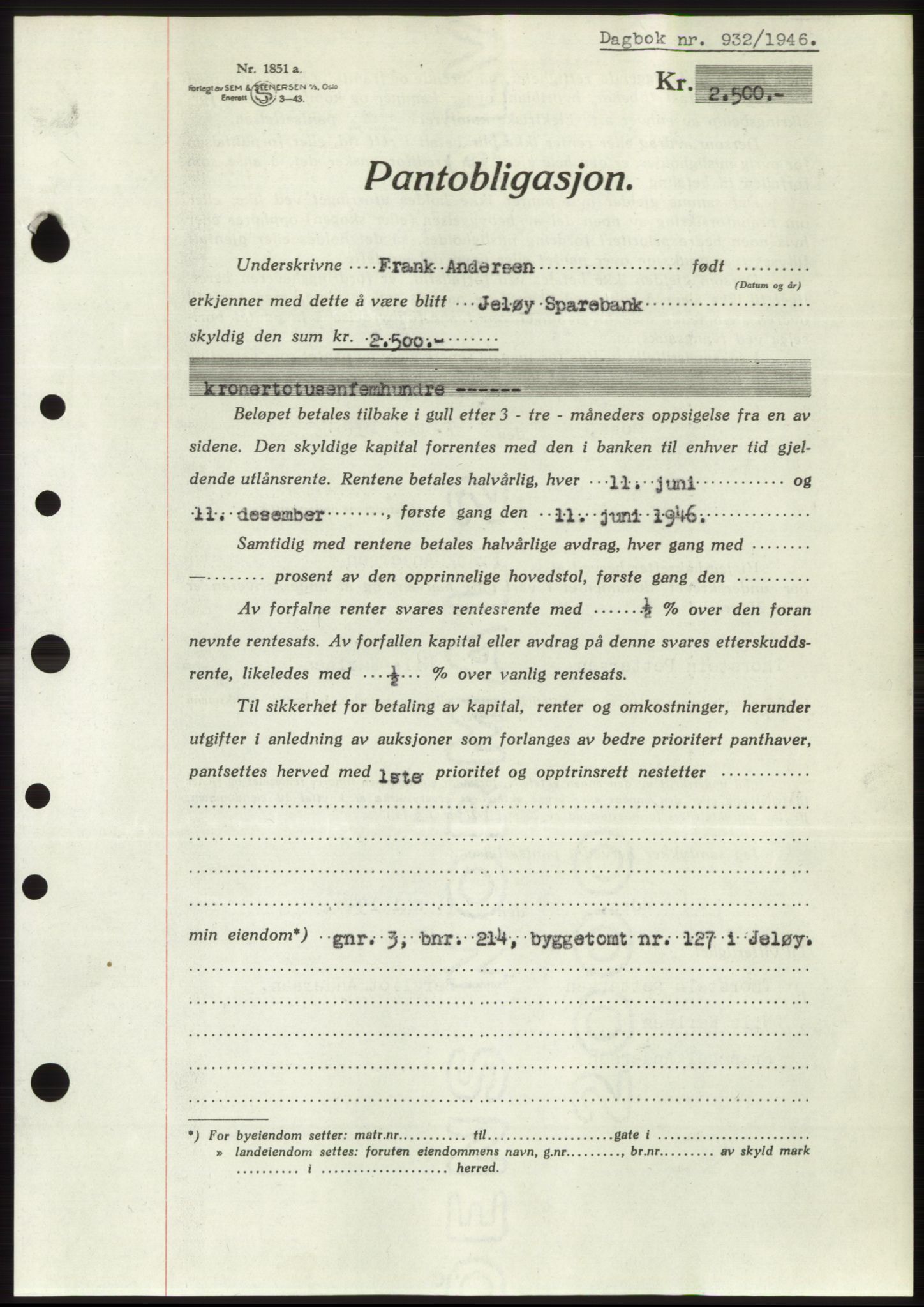 Moss sorenskriveri, SAO/A-10168: Pantebok nr. B15, 1946-1946, Dagboknr: 932/1946