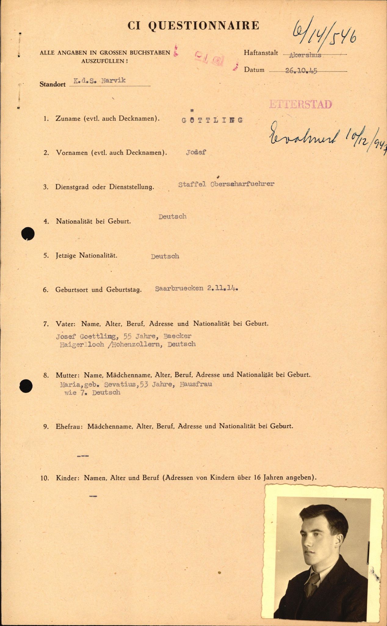 Forsvaret, Forsvarets overkommando II, AV/RA-RAFA-3915/D/Db/L0011: CI Questionaires. Tyske okkupasjonsstyrker i Norge. Tyskere., 1945-1946, s. 55