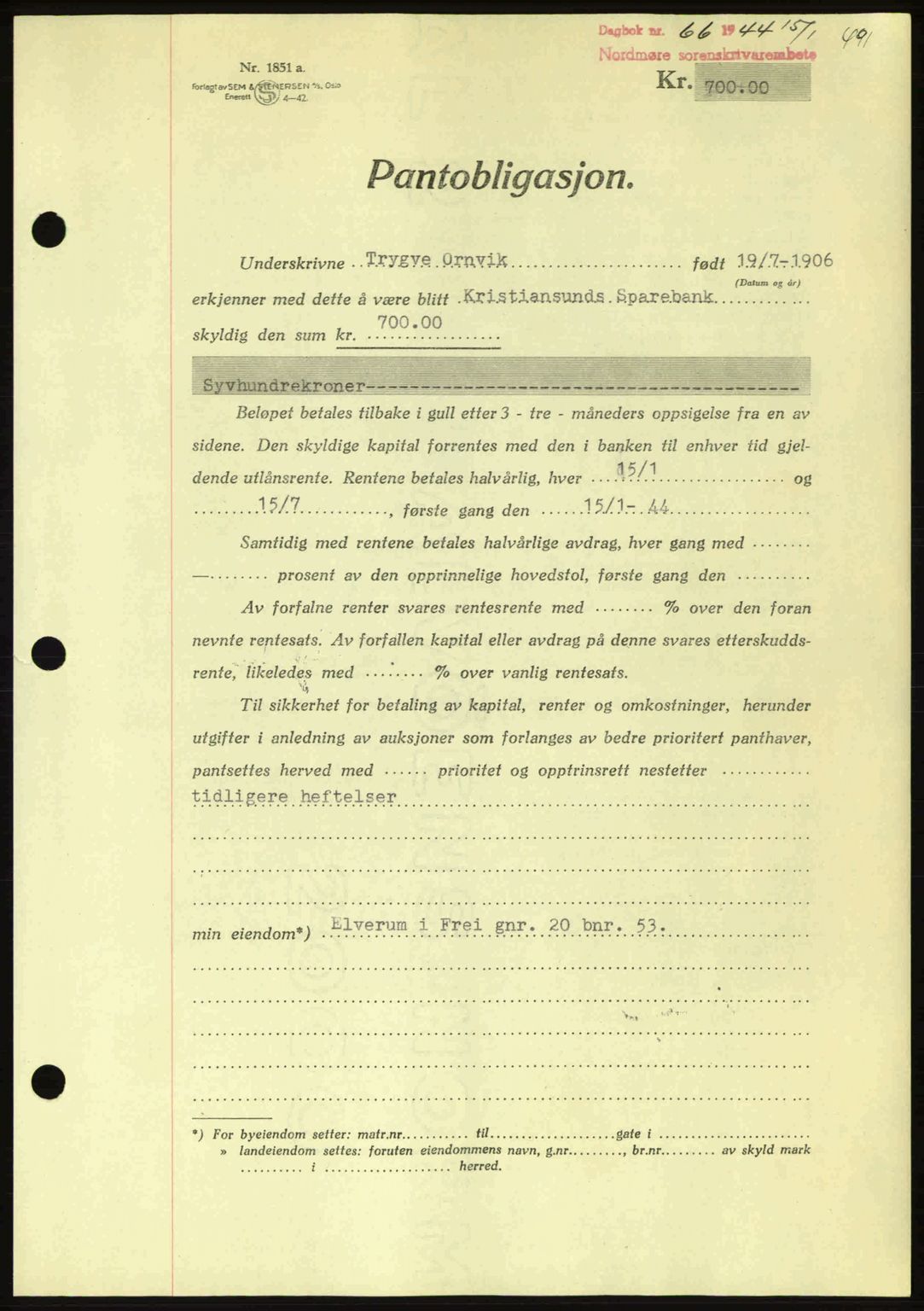 Nordmøre sorenskriveri, AV/SAT-A-4132/1/2/2Ca: Pantebok nr. B91, 1943-1944, Dagboknr: 66/1944