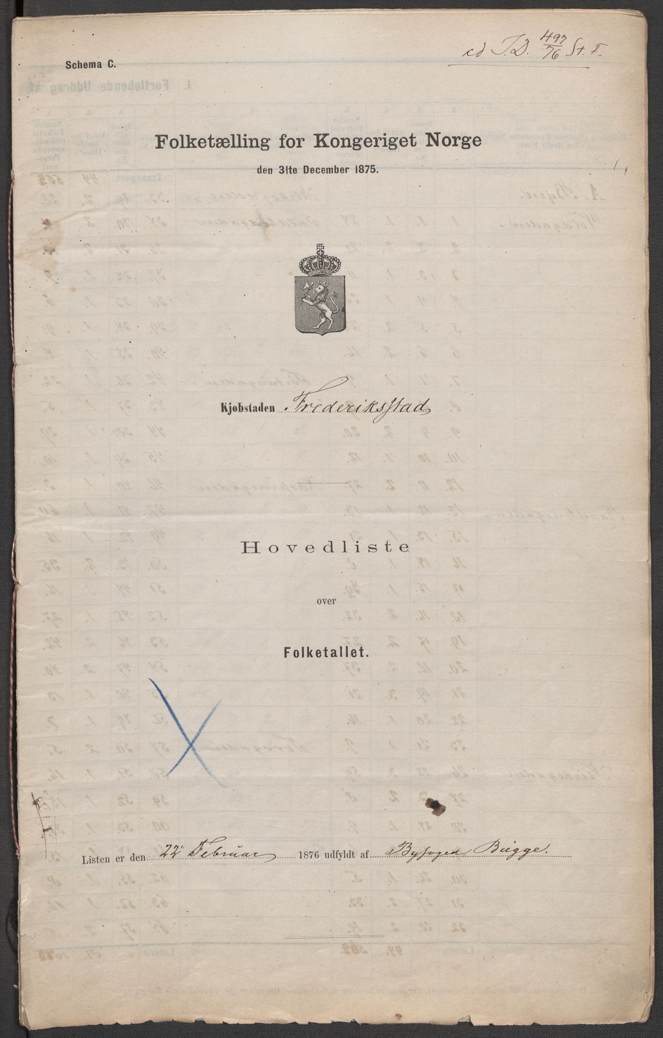 RA, Folketelling 1875 for 0103B Fredrikstad prestegjeld, Fredrikstad kjøpstad, 1875, s. 1