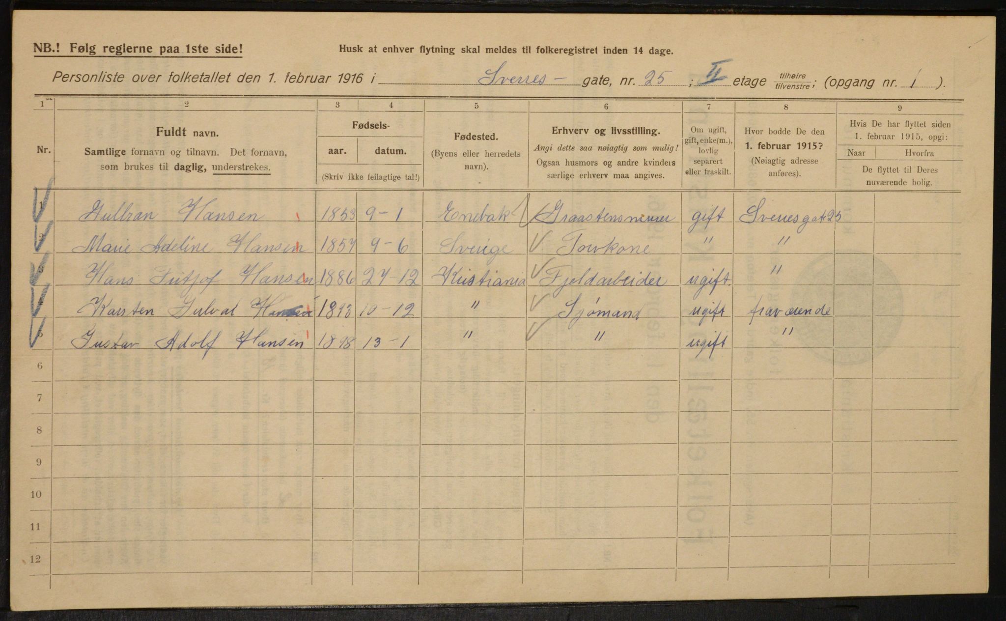 OBA, Kommunal folketelling 1.2.1916 for Kristiania, 1916, s. 109057