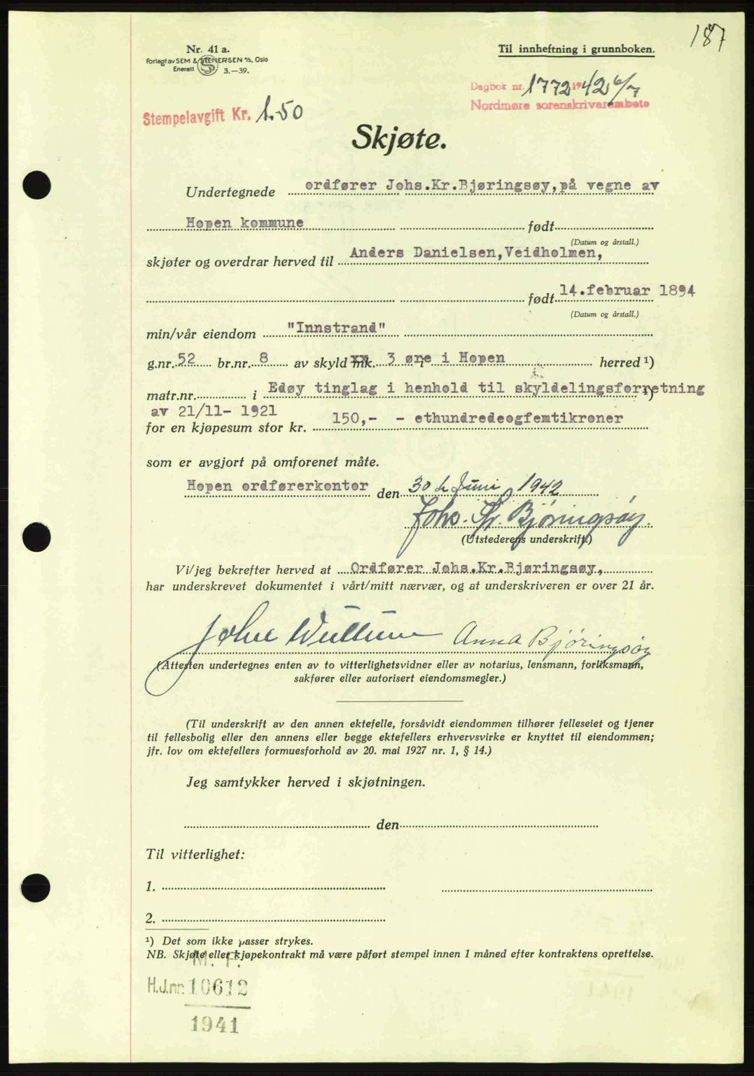 Nordmøre sorenskriveri, AV/SAT-A-4132/1/2/2Ca: Pantebok nr. A93, 1942-1942, Dagboknr: 1772/1942