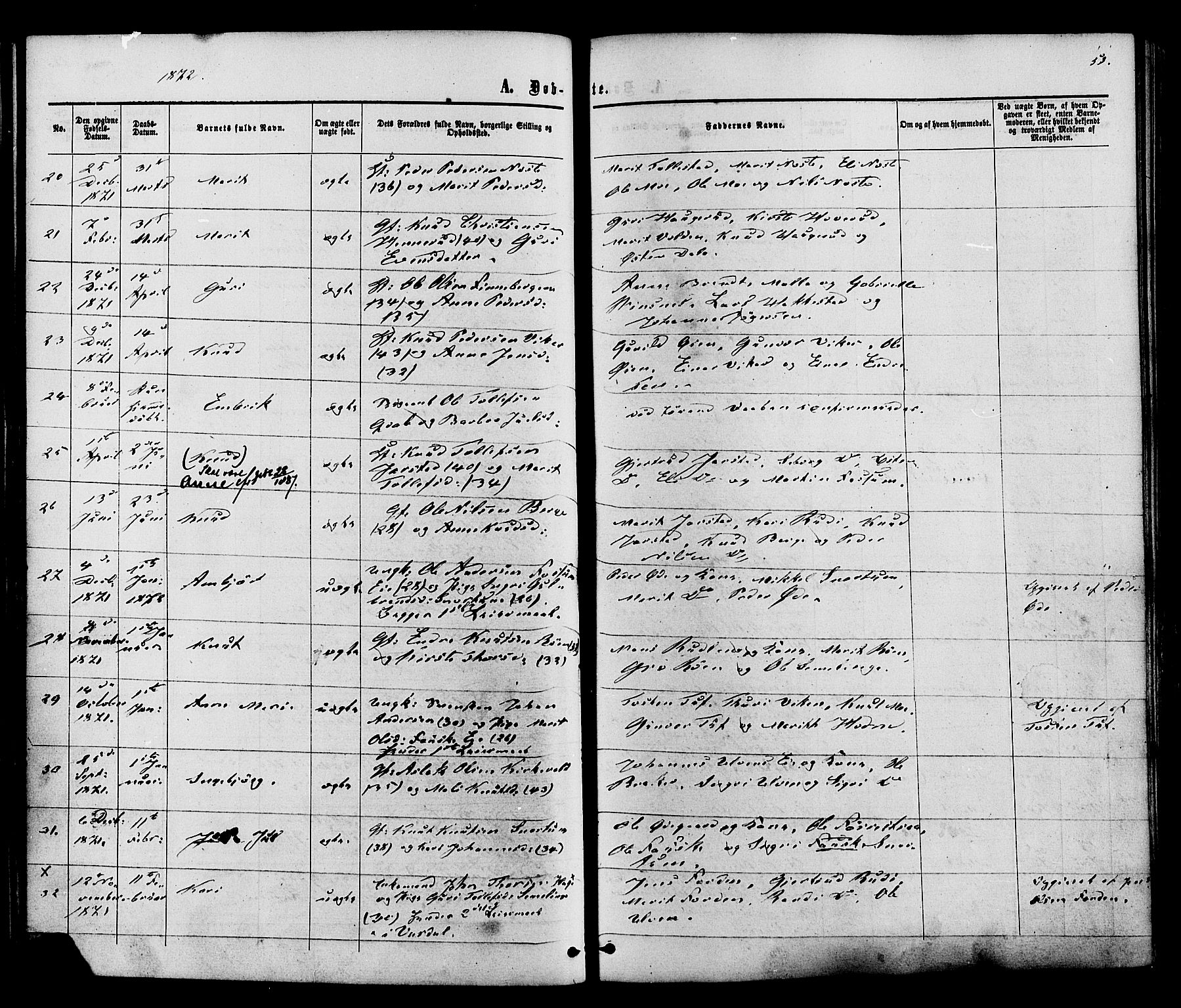Vestre Slidre prestekontor, AV/SAH-PREST-136/H/Ha/Haa/L0003: Ministerialbok nr. 3, 1865-1880, s. 53