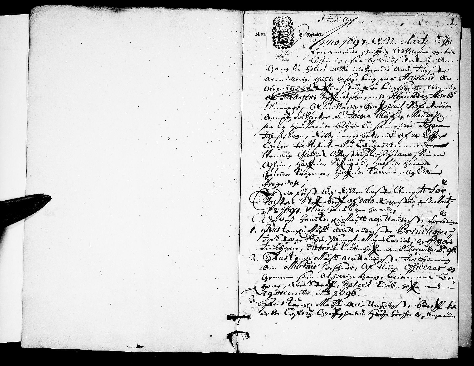 Nordre Jarlsberg sorenskriveri, SAKO/A-80/F/Fa/Faa/L0009: Tingbok, 1697-1698, s. 1