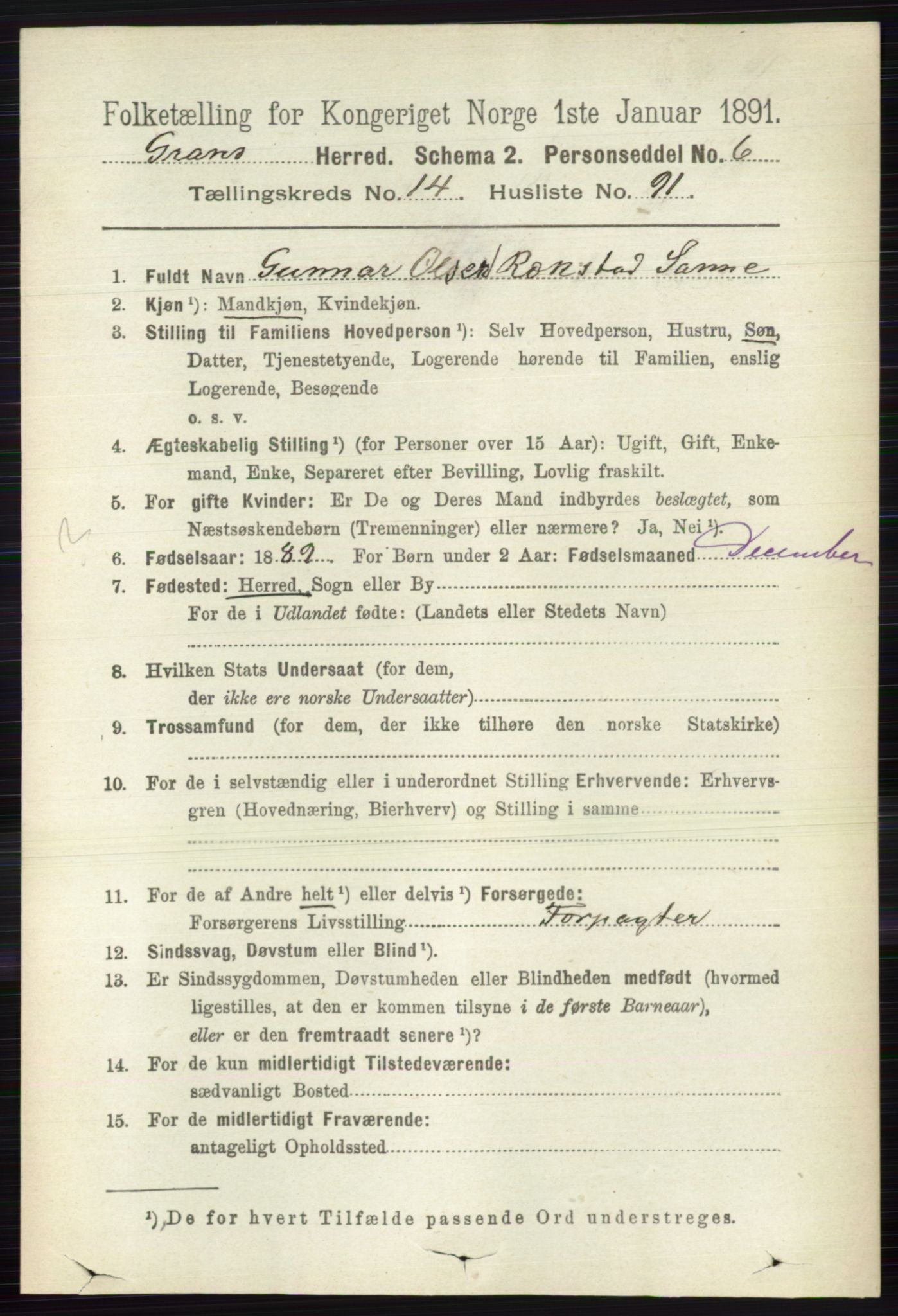 RA, Folketelling 1891 for 0534 Gran herred, 1891, s. 7519