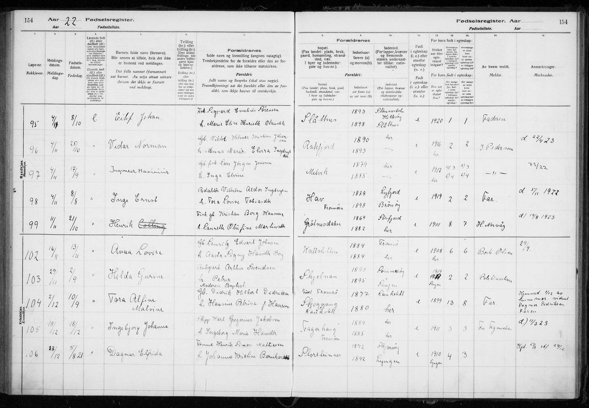 Tromsøysund sokneprestkontor, AV/SATØ-S-1304/H/Ha/L0079: Fødselsregister nr. 79, 1916-1924, s. 154