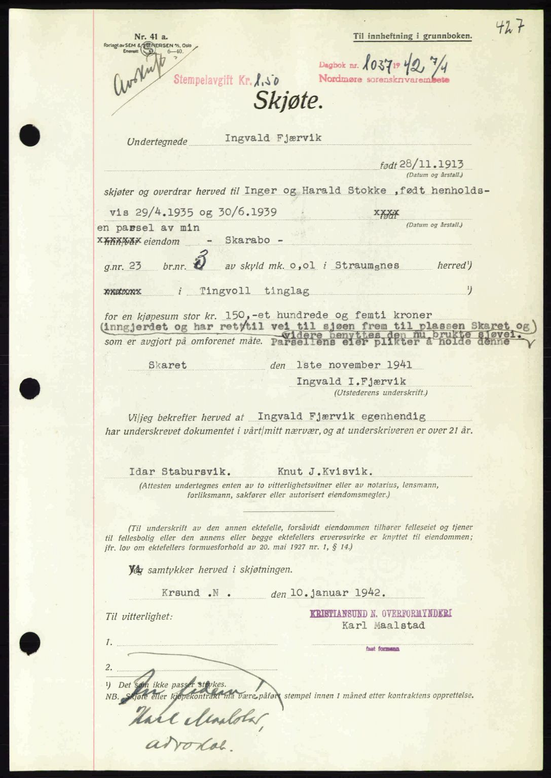 Nordmøre sorenskriveri, AV/SAT-A-4132/1/2/2Ca: Pantebok nr. A92, 1942-1942, Dagboknr: 1037/1942