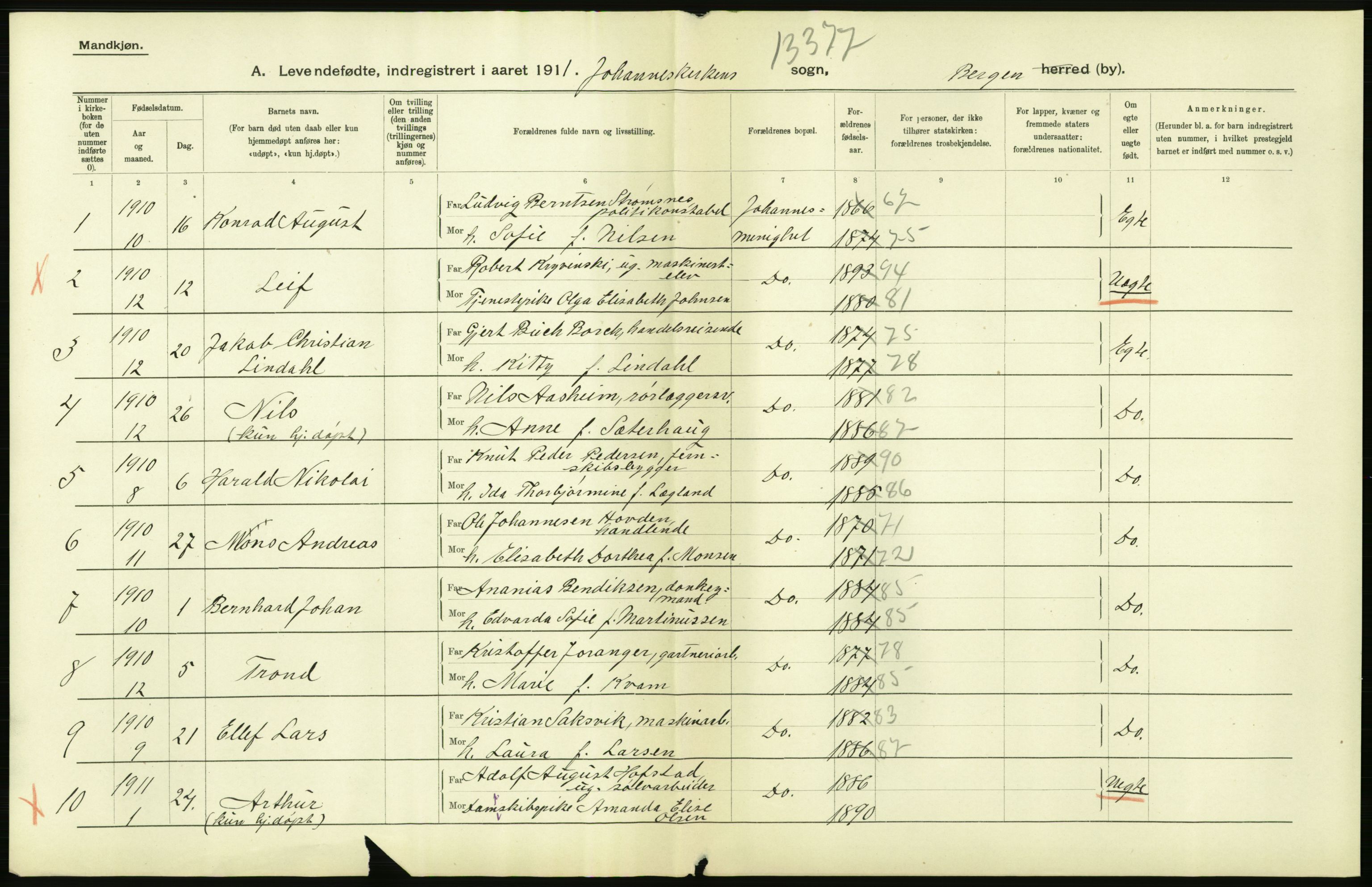 Statistisk sentralbyrå, Sosiodemografiske emner, Befolkning, AV/RA-S-2228/D/Df/Dfb/Dfba/L0031: Bergen:  Levendefødte menn og kvinner., 1911, s. 2
