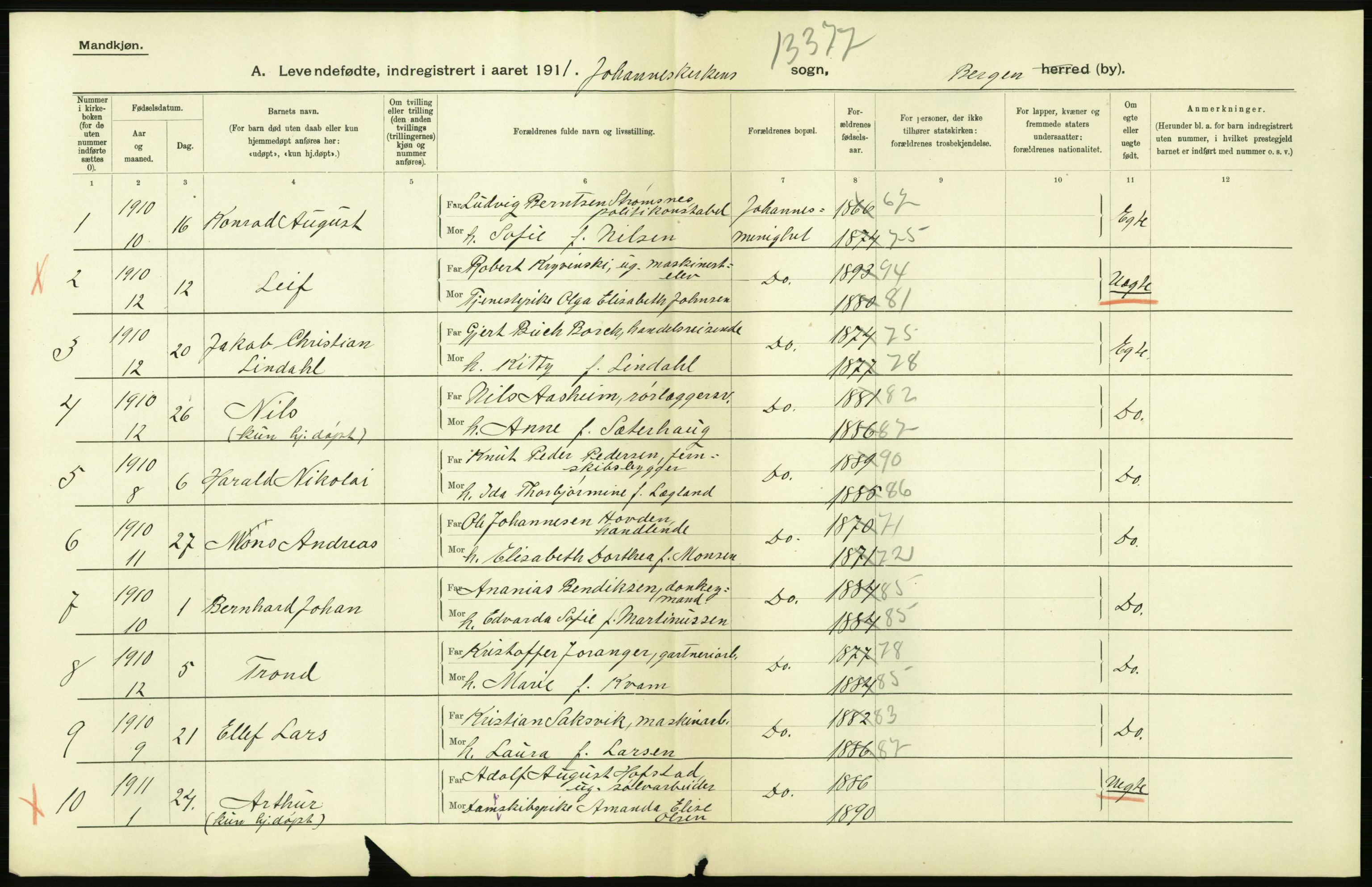 Statistisk sentralbyrå, Sosiodemografiske emner, Befolkning, RA/S-2228/D/Df/Dfb/Dfba/L0031: Bergen:  Levendefødte menn og kvinner., 1911, s. 2