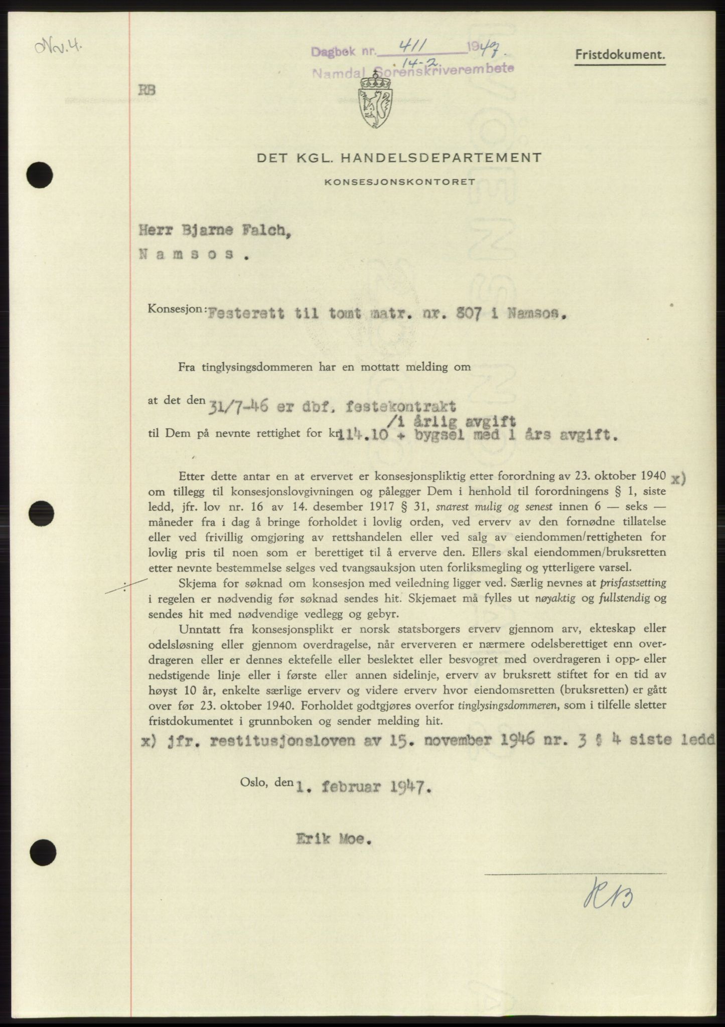 Namdal sorenskriveri, SAT/A-4133/1/2/2C: Pantebok nr. -, 1946-1947, Dagboknr: 411/1947