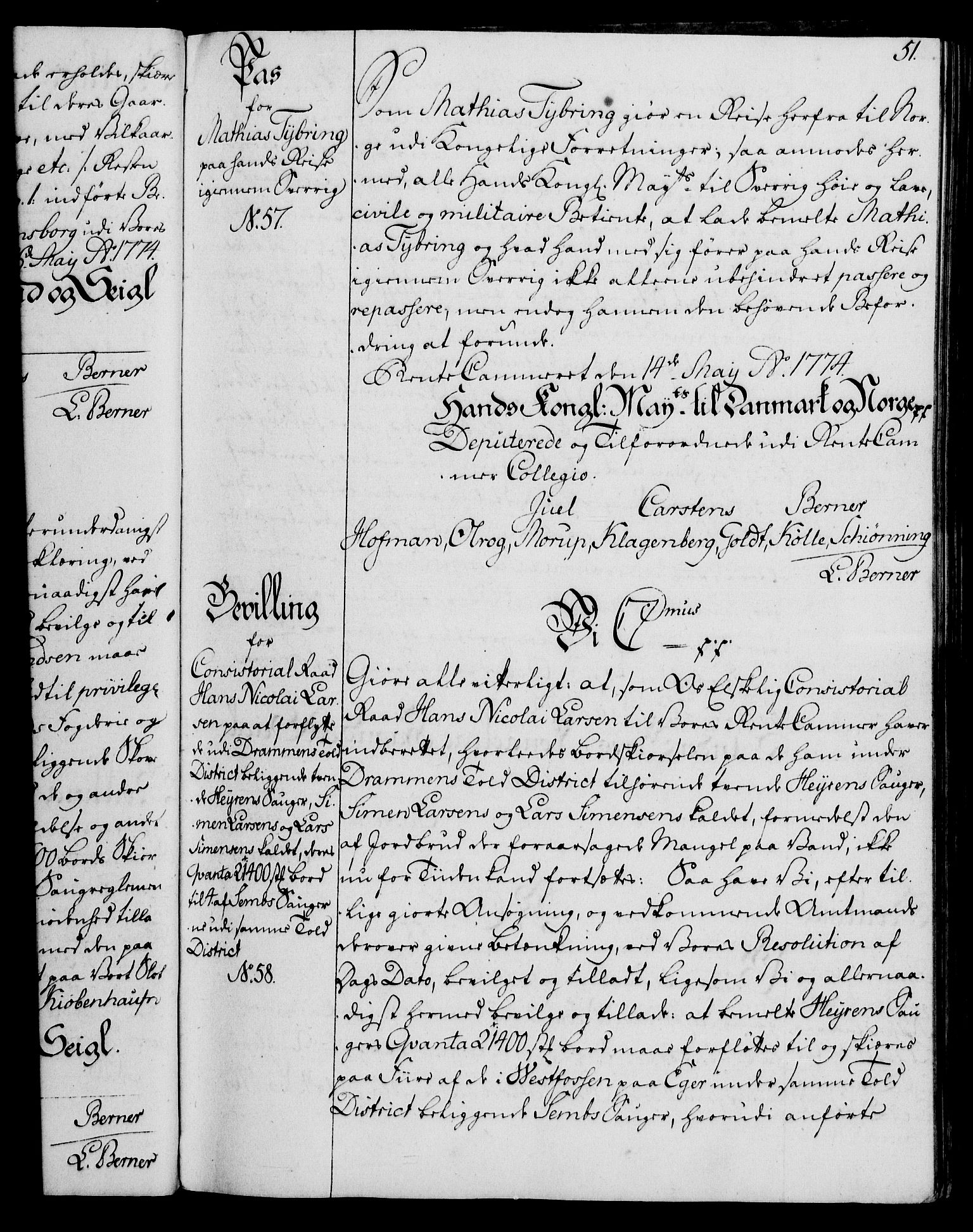 Rentekammeret, Kammerkanselliet, AV/RA-EA-3111/G/Gg/Gga/L0010: Norsk ekspedisjonsprotokoll med register (merket RK 53.10), 1773-1778, s. 51