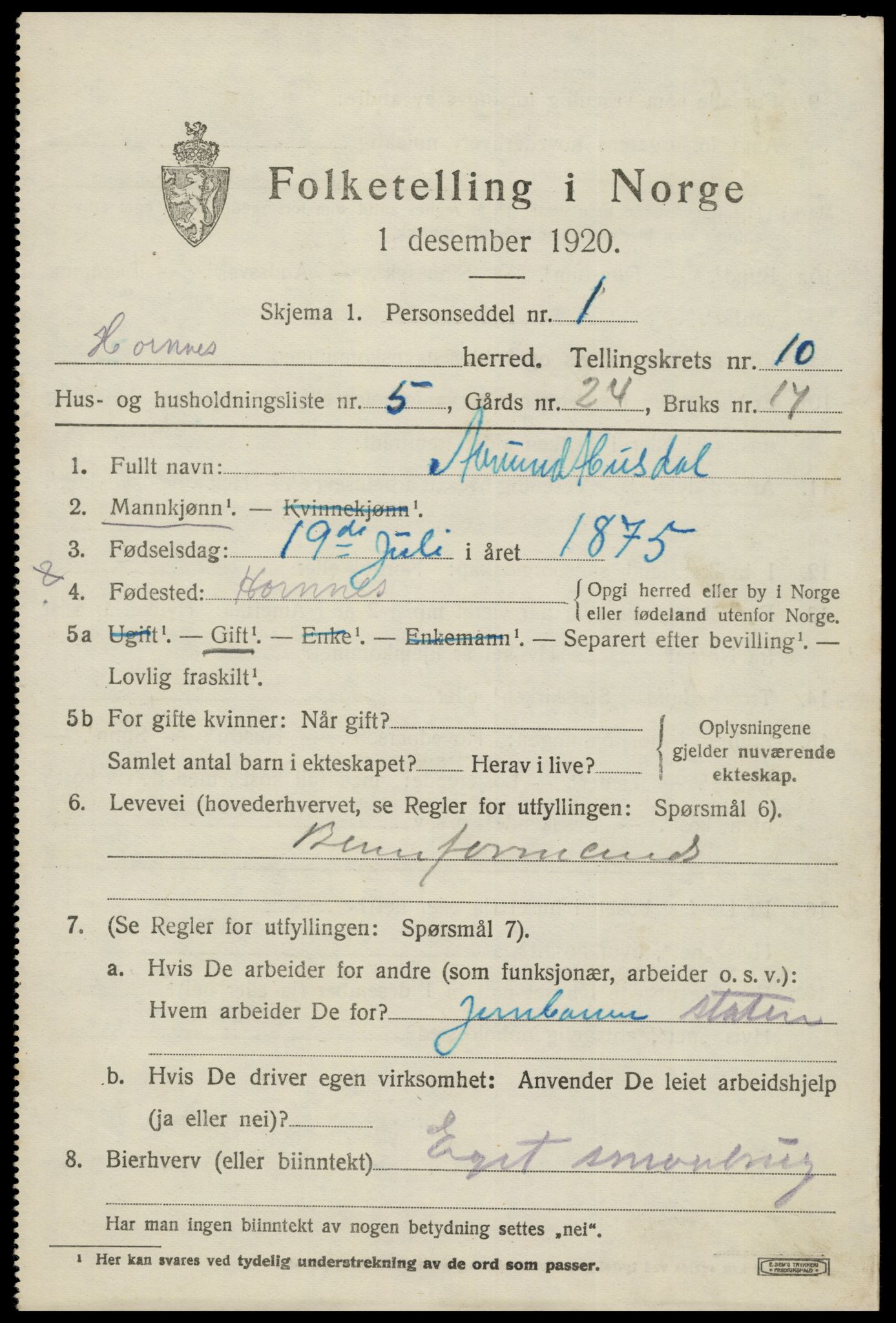 SAK, Folketelling 1920 for 0936 Hornnes herred, 1920, s. 2541