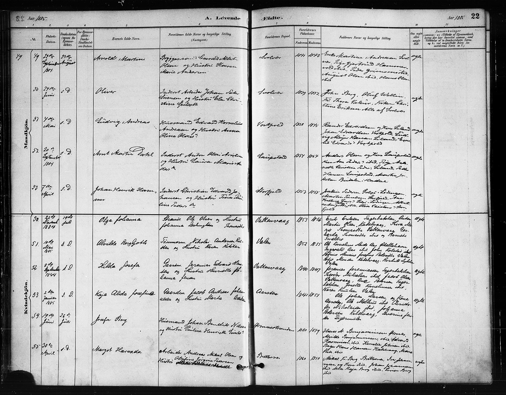 Ministerialprotokoller, klokkerbøker og fødselsregistre - Nordland, AV/SAT-A-1459/874/L1059: Ministerialbok nr. 874A03, 1884-1890, s. 22
