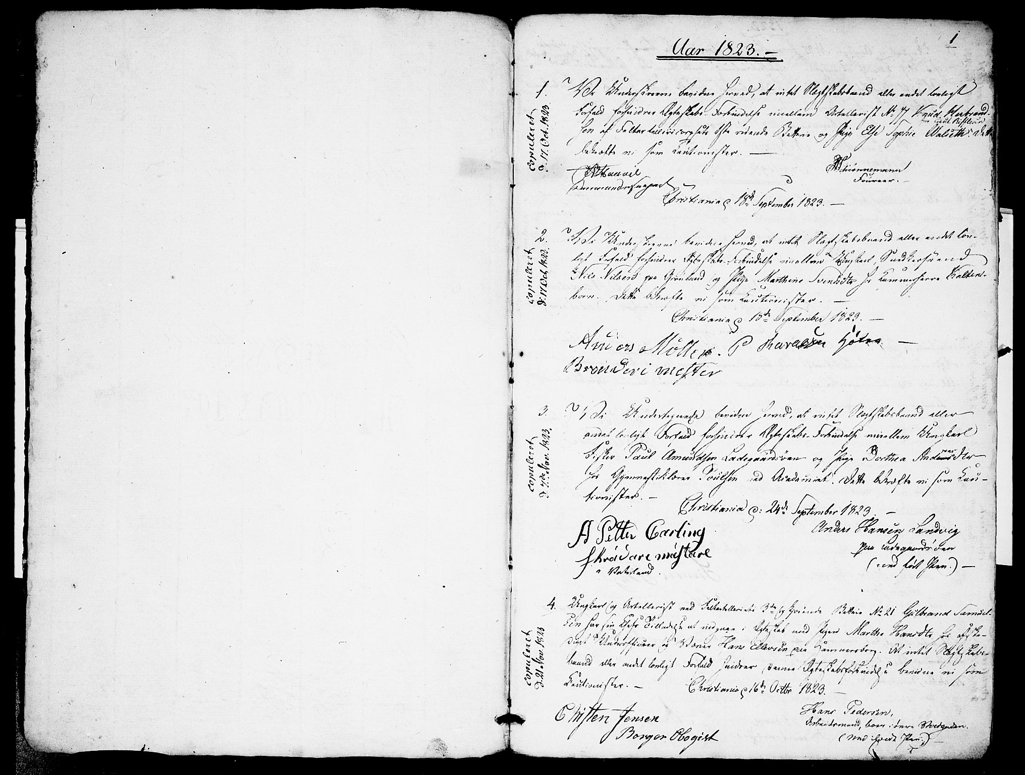Garnisonsmenigheten Kirkebøker, AV/SAO-A-10846/H/Ha/L0001: Lysningsprotokoll nr. I 1, 1823-1828, s. 0-1