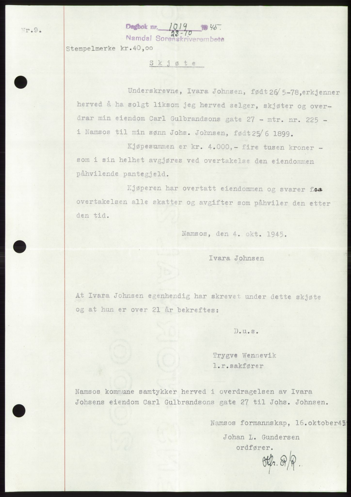 Namdal sorenskriveri, SAT/A-4133/1/2/2C: Pantebok nr. -, 1944-1945, Dagboknr: 1019/1945