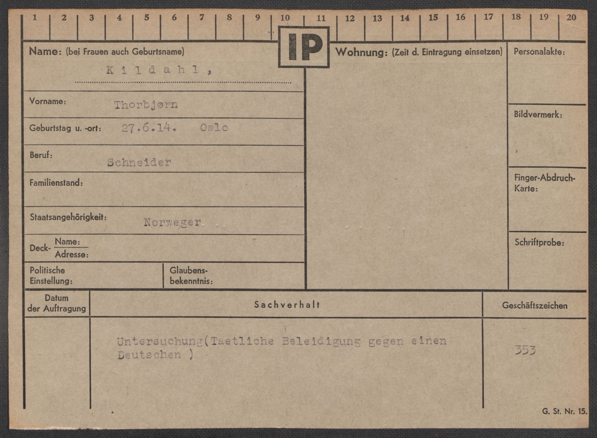 Befehlshaber der Sicherheitspolizei und des SD, AV/RA-RAFA-5969/E/Ea/Eaa/L0005: Register over norske fanger i Møllergata 19: Hø-Kj, 1940-1945, s. 1331