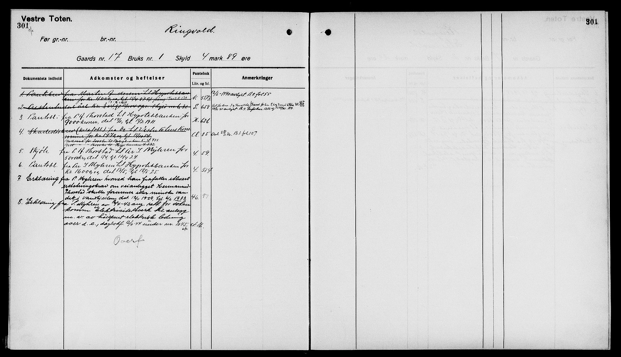 Toten tingrett, SAH/TING-006/H/Ha/Haa/L0040: Panteregister nr. 40, 1925, s. 301