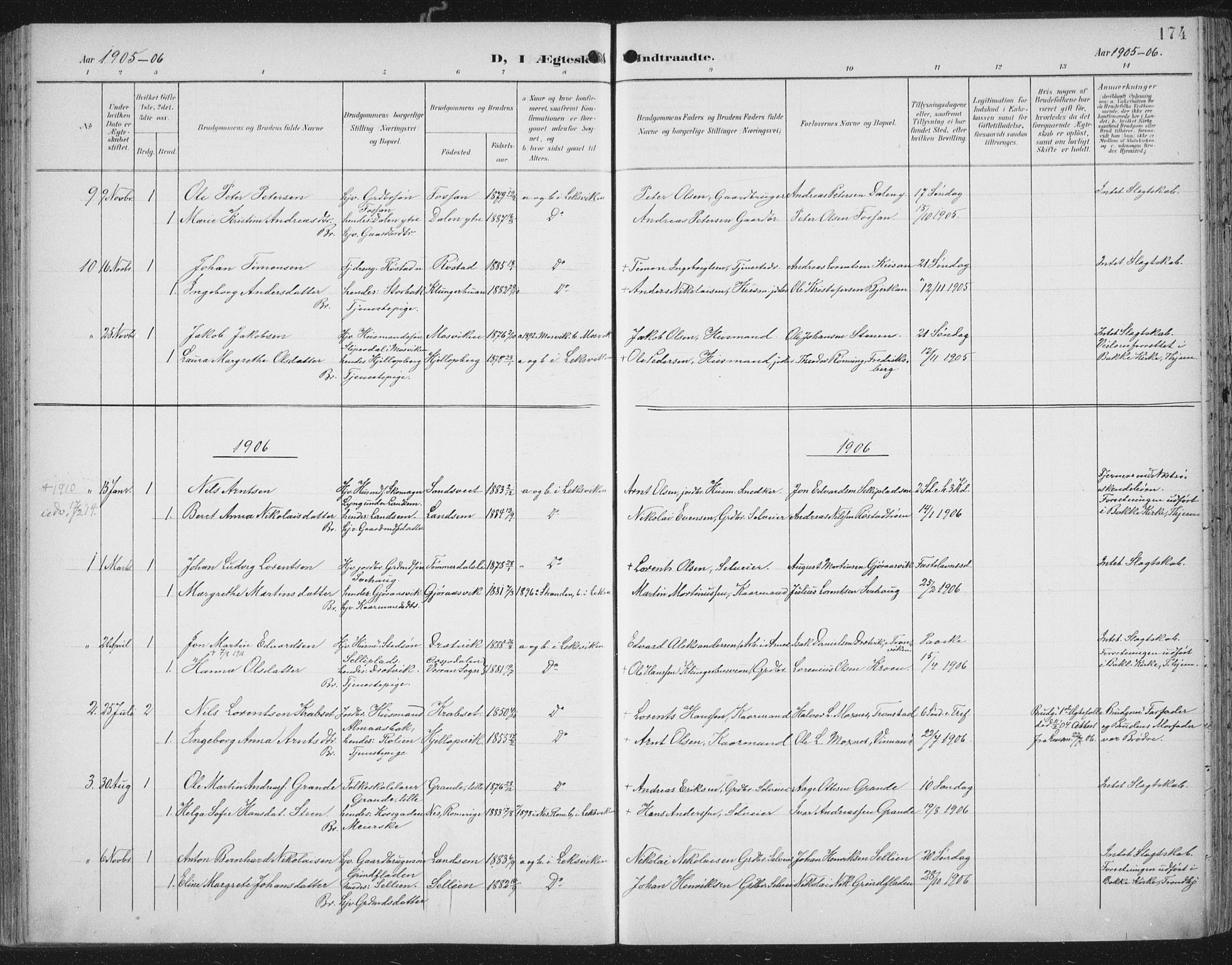Ministerialprotokoller, klokkerbøker og fødselsregistre - Nord-Trøndelag, SAT/A-1458/701/L0011: Ministerialbok nr. 701A11, 1899-1915, s. 174