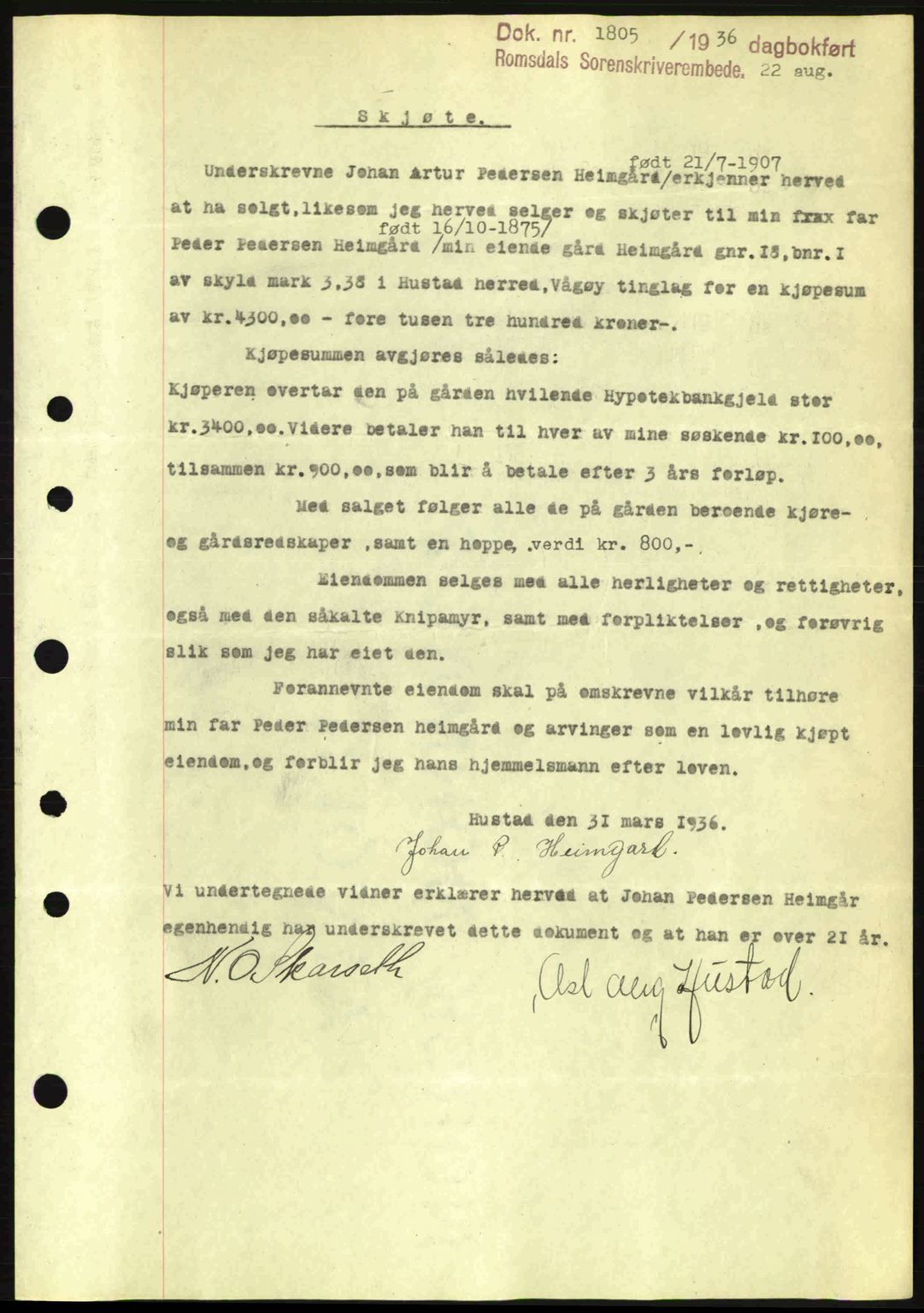 Romsdal sorenskriveri, SAT/A-4149/1/2/2C: Pantebok nr. A1, 1936-1936, Dagboknr: 1805/1936