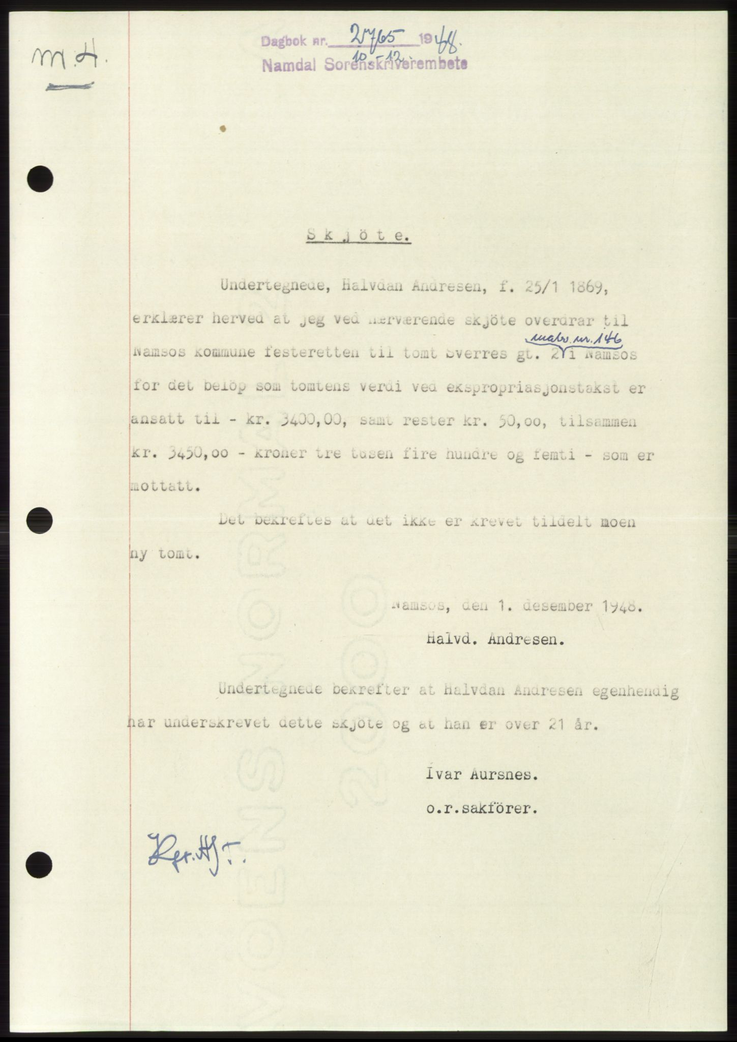 Namdal sorenskriveri, SAT/A-4133/1/2/2C: Pantebok nr. -, 1948-1948, Dagboknr: 2765/1948