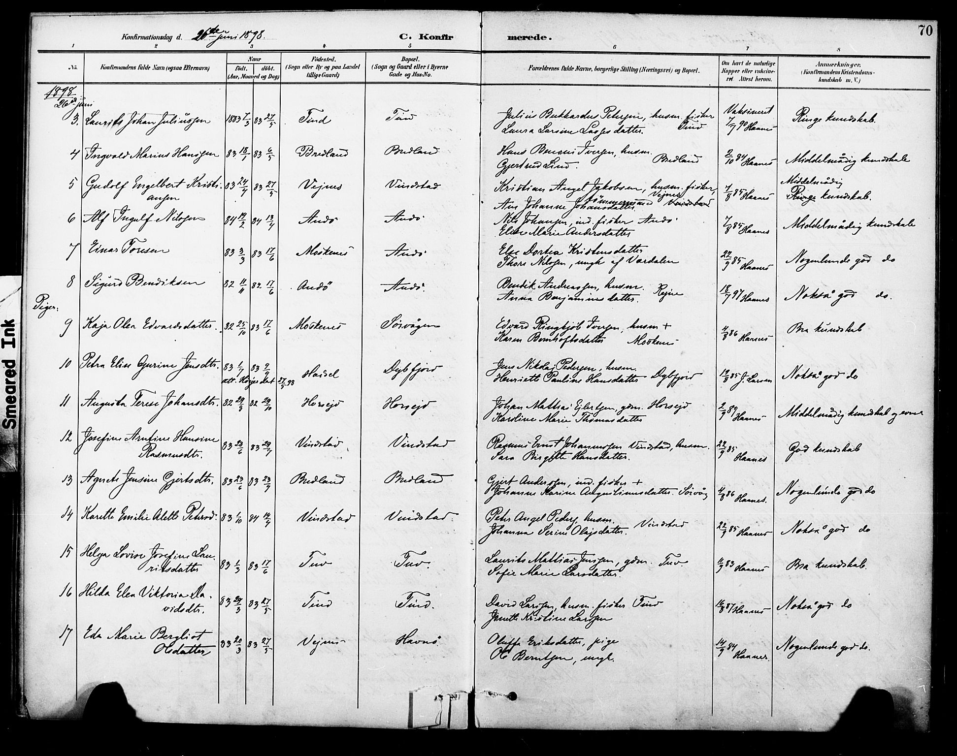 Ministerialprotokoller, klokkerbøker og fødselsregistre - Nordland, AV/SAT-A-1459/886/L1220: Ministerialbok nr. 886A02, 1892-1903, s. 70