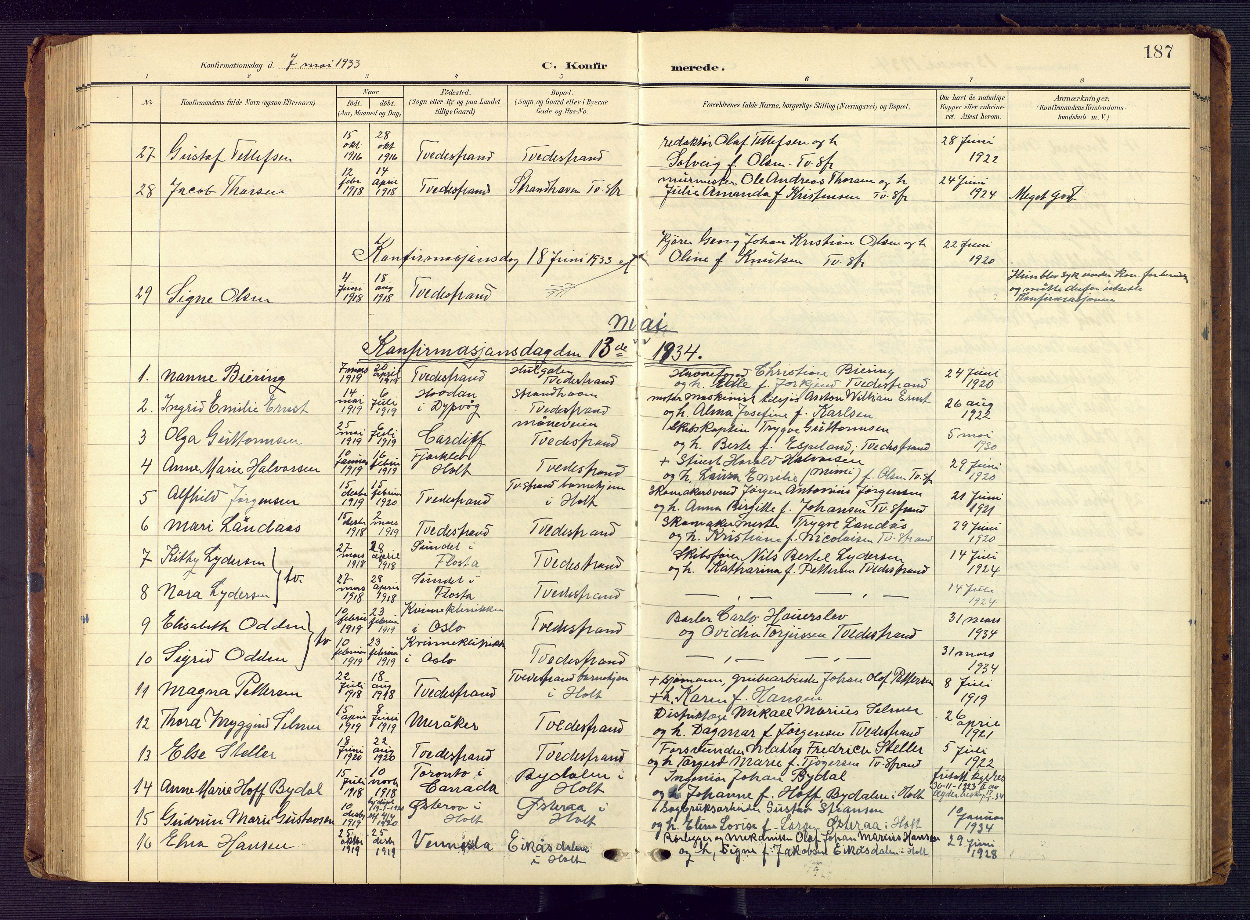 Tvedestrand sokneprestkontor, AV/SAK-1111-0042/F/Fb/L0001: Klokkerbok nr. B 1, 1902-1956, s. 187
