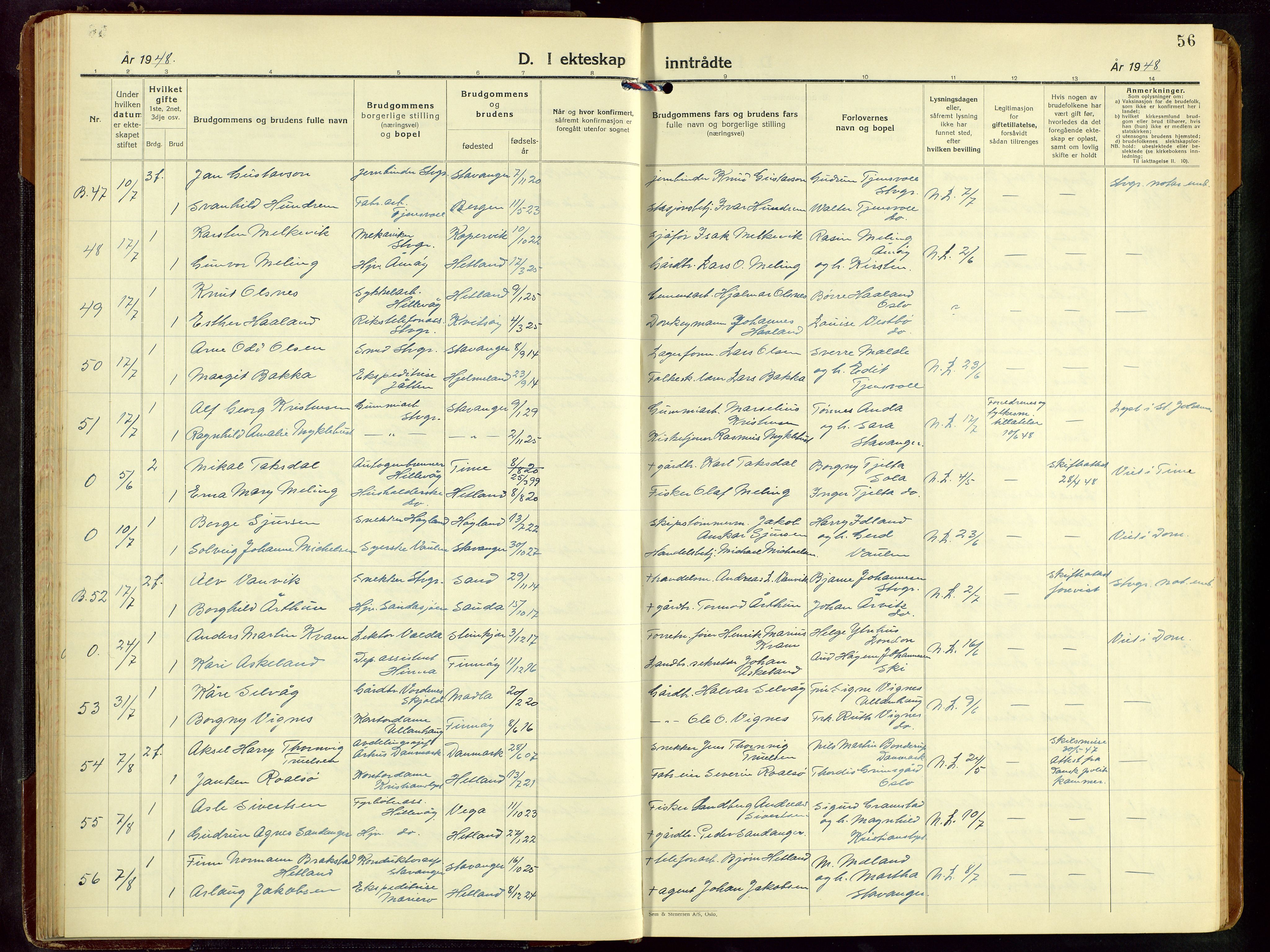 Hetland sokneprestkontor, AV/SAST-A-101826/30/30BB/L0016: Klokkerbok nr. B 16, 1942-1960, s. 56