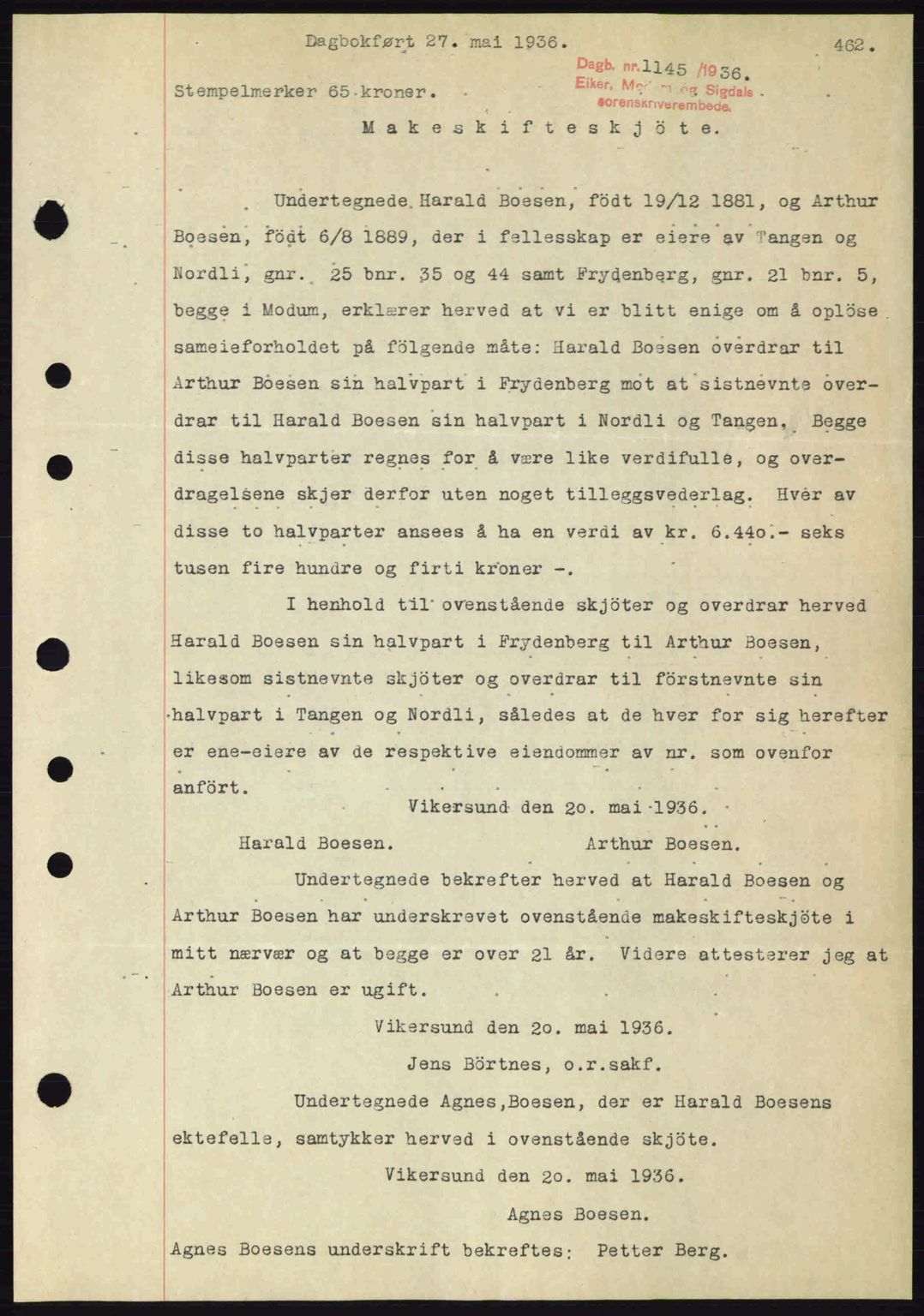 Eiker, Modum og Sigdal sorenskriveri, SAKO/A-123/G/Ga/Gab/L0032: Pantebok nr. A2, 1936-1936, Dagboknr: 1145/1936