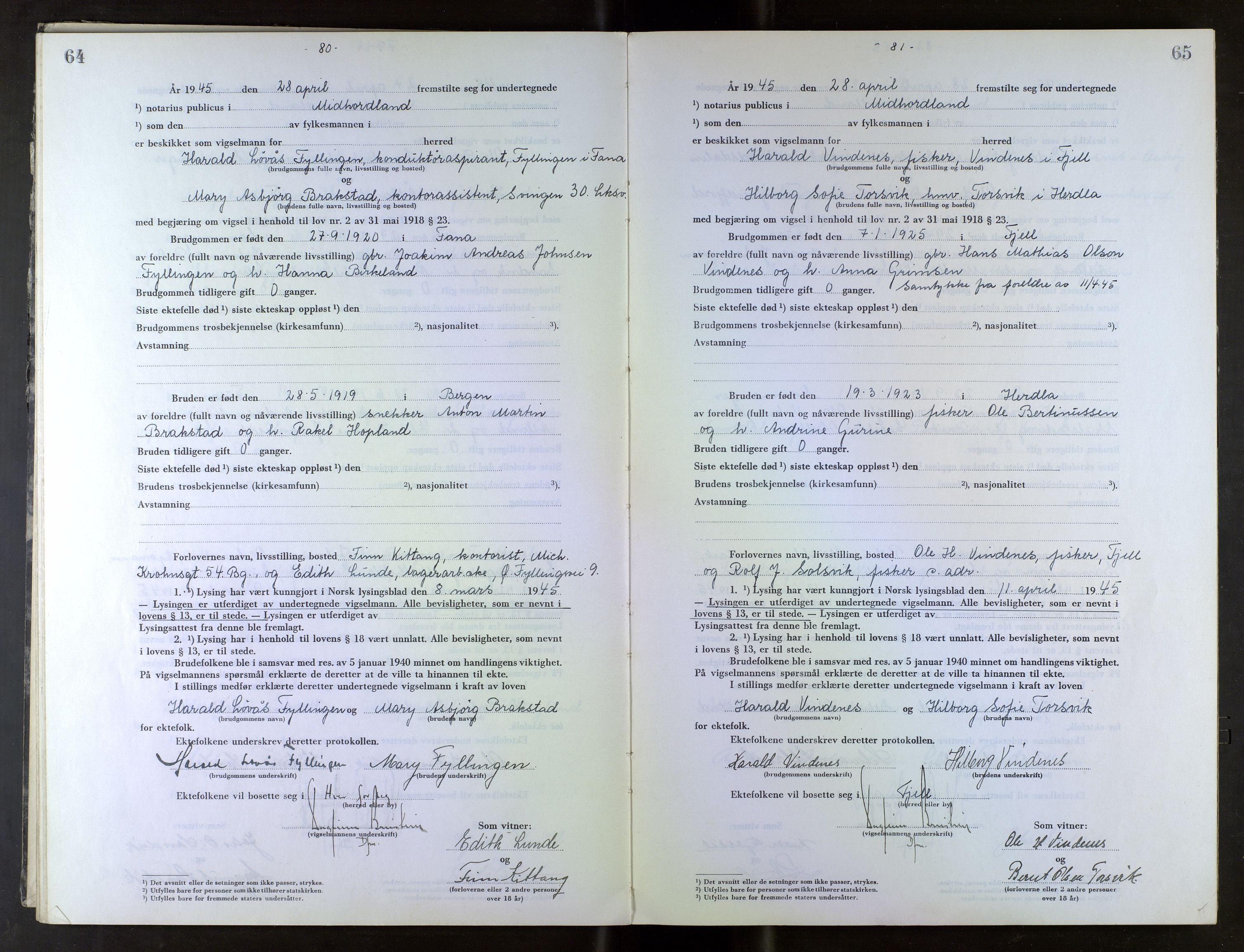 Midhordland sorenskriveri, AV/SAB-A-3001/1/M/Mc/Mca/L0007: Notarialbilag. Vigselbøker, 1945-1948, s. 64-65