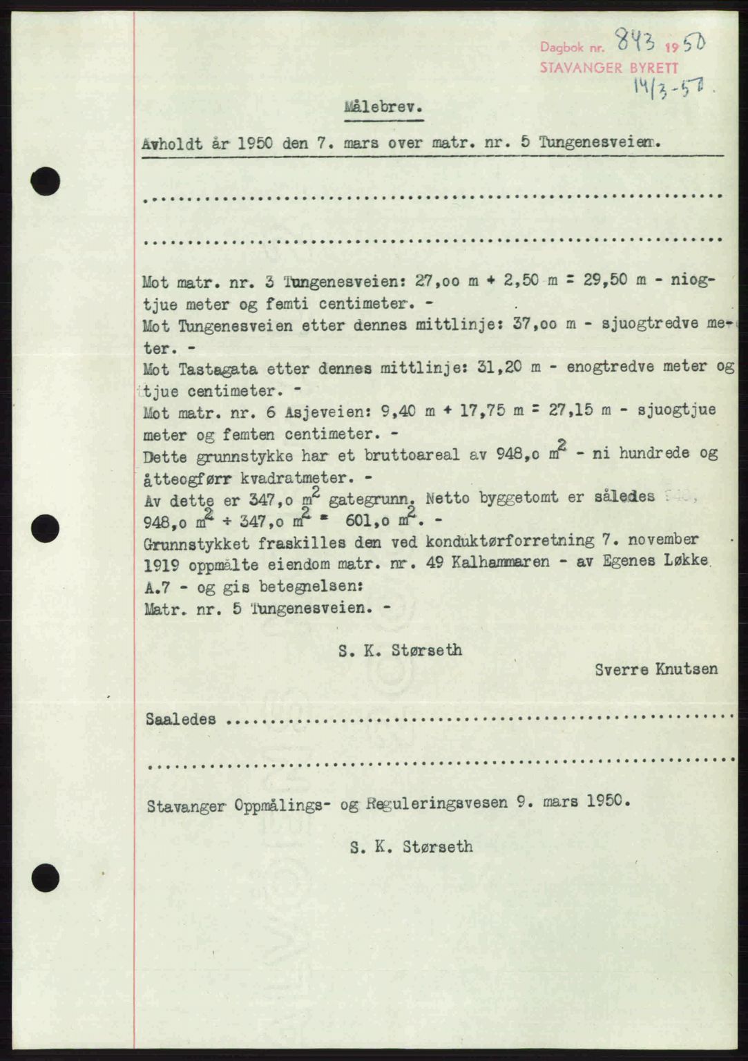 Stavanger byrett, SAST/A-100455/002/G/Gb/L0024: Pantebok nr. A13, 1949-1950, Dagboknr: 843/1950