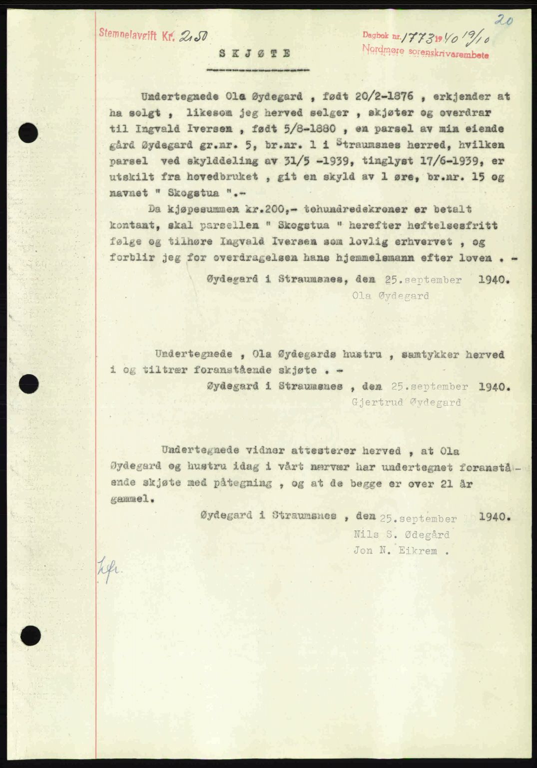 Nordmøre sorenskriveri, SAT/A-4132/1/2/2Ca: Pantebok nr. A89, 1940-1941, Dagboknr: 1773/1940