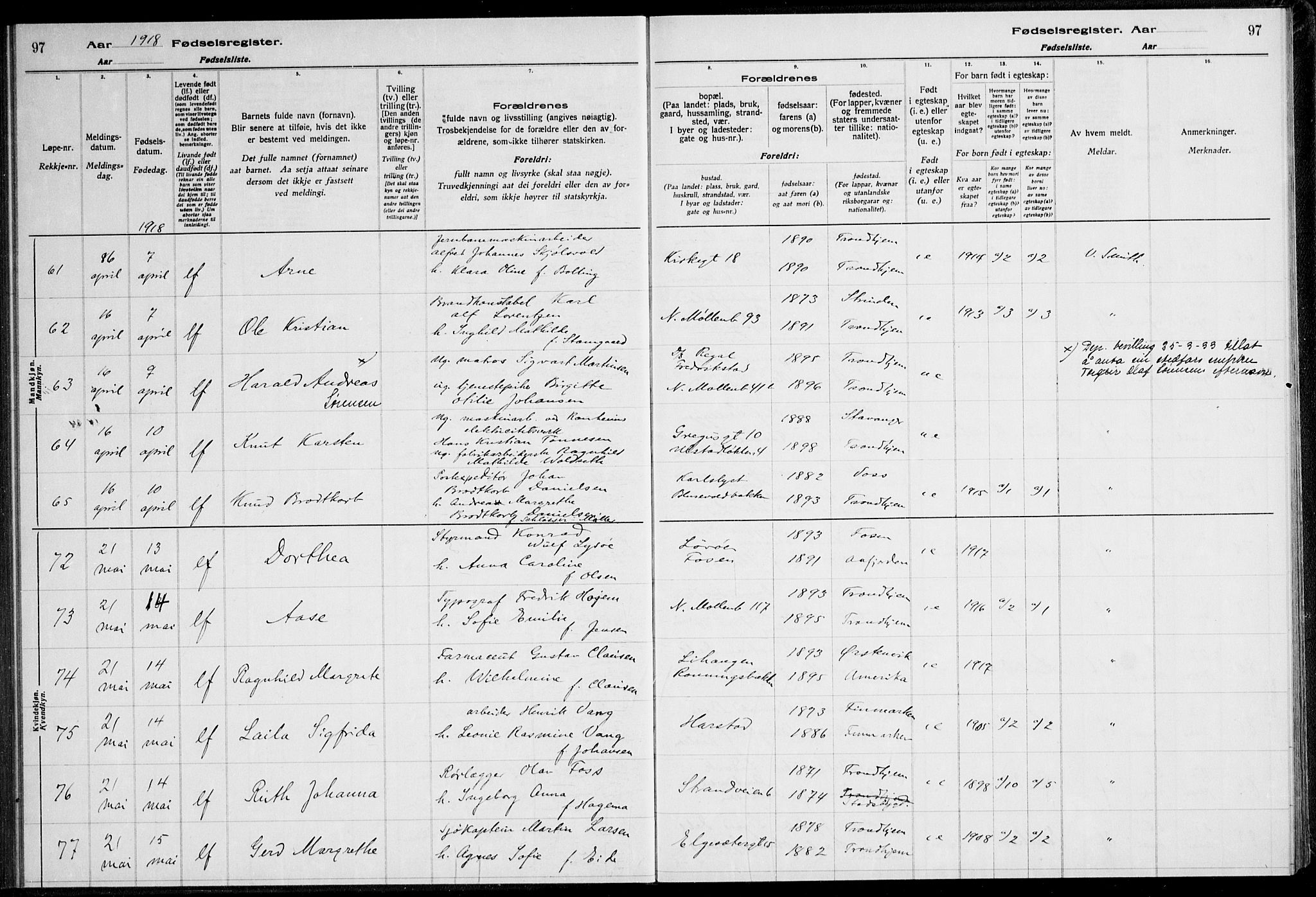 Ministerialprotokoller, klokkerbøker og fødselsregistre - Sør-Trøndelag, AV/SAT-A-1456/600/L0002: Fødselsregister nr. 600.II.4.1, 1916-1920, s. 97