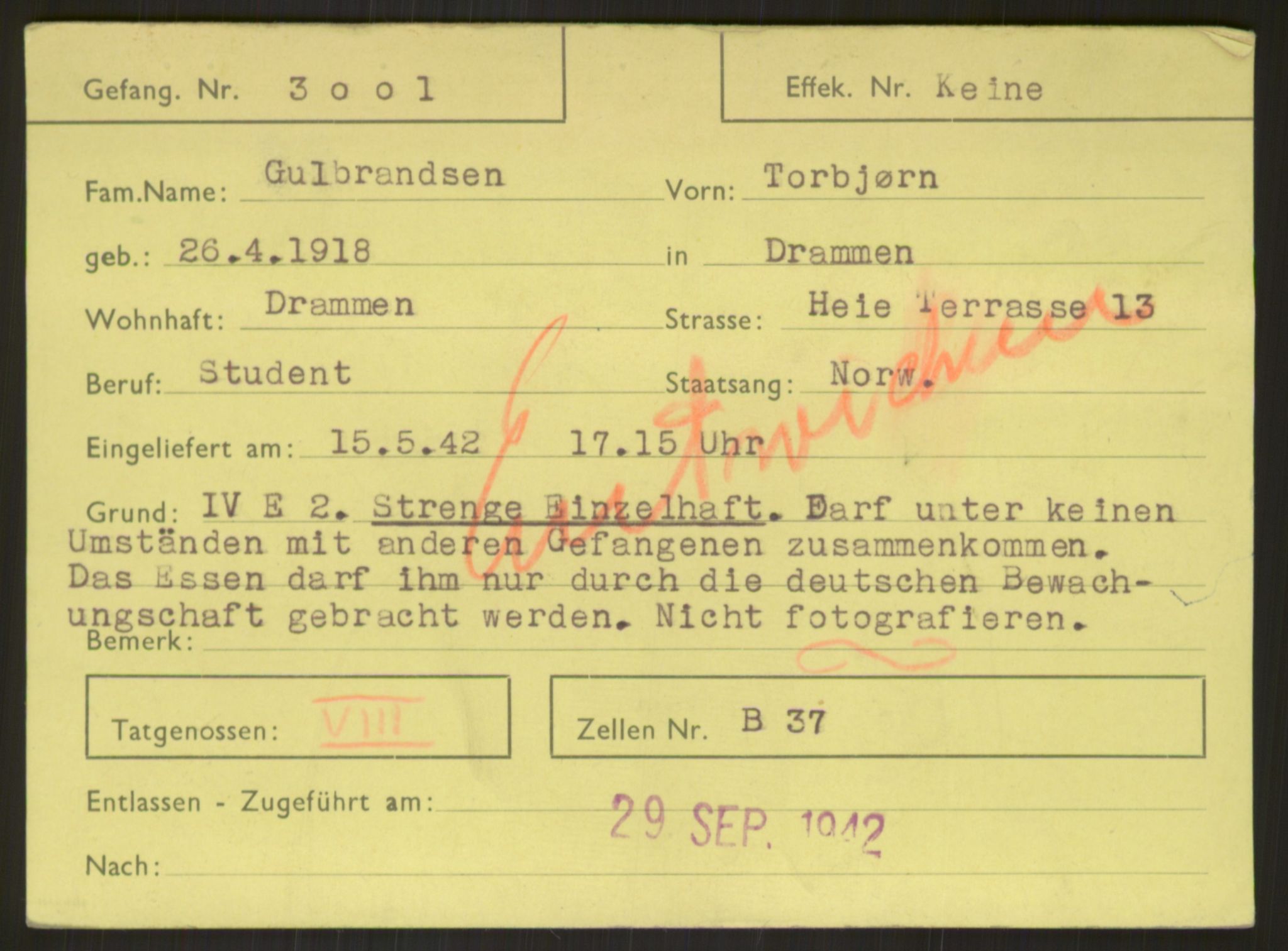 Befehlshaber der Sicherheitspolizei und des SD, RA/RAFA-5969/E/Ea/Eab/L0003: Register over norske fanger i Møllergata 19 ordnet etter fangenummer: 3000-3919, 1940-1945